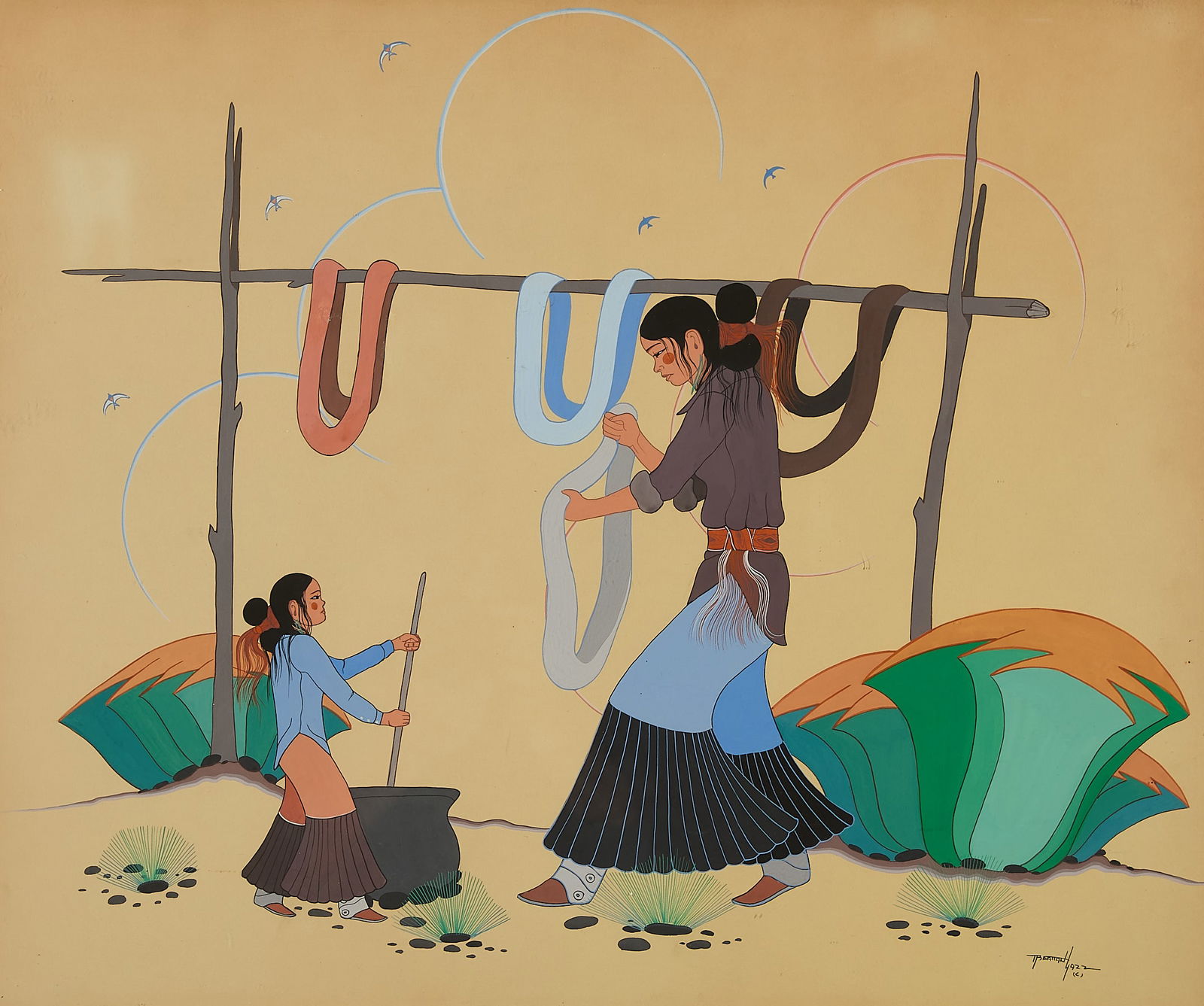 Beatien Yazz Mother & Daughter Gouache Painting: Beatien "Jimmy Toddy" Yazz (Navajo, 1928-2021). Gouache on paper painting depicting a Native American mother and daughter washing or dyeing fabric, 1922. Pen signed along the lower right. Sight;