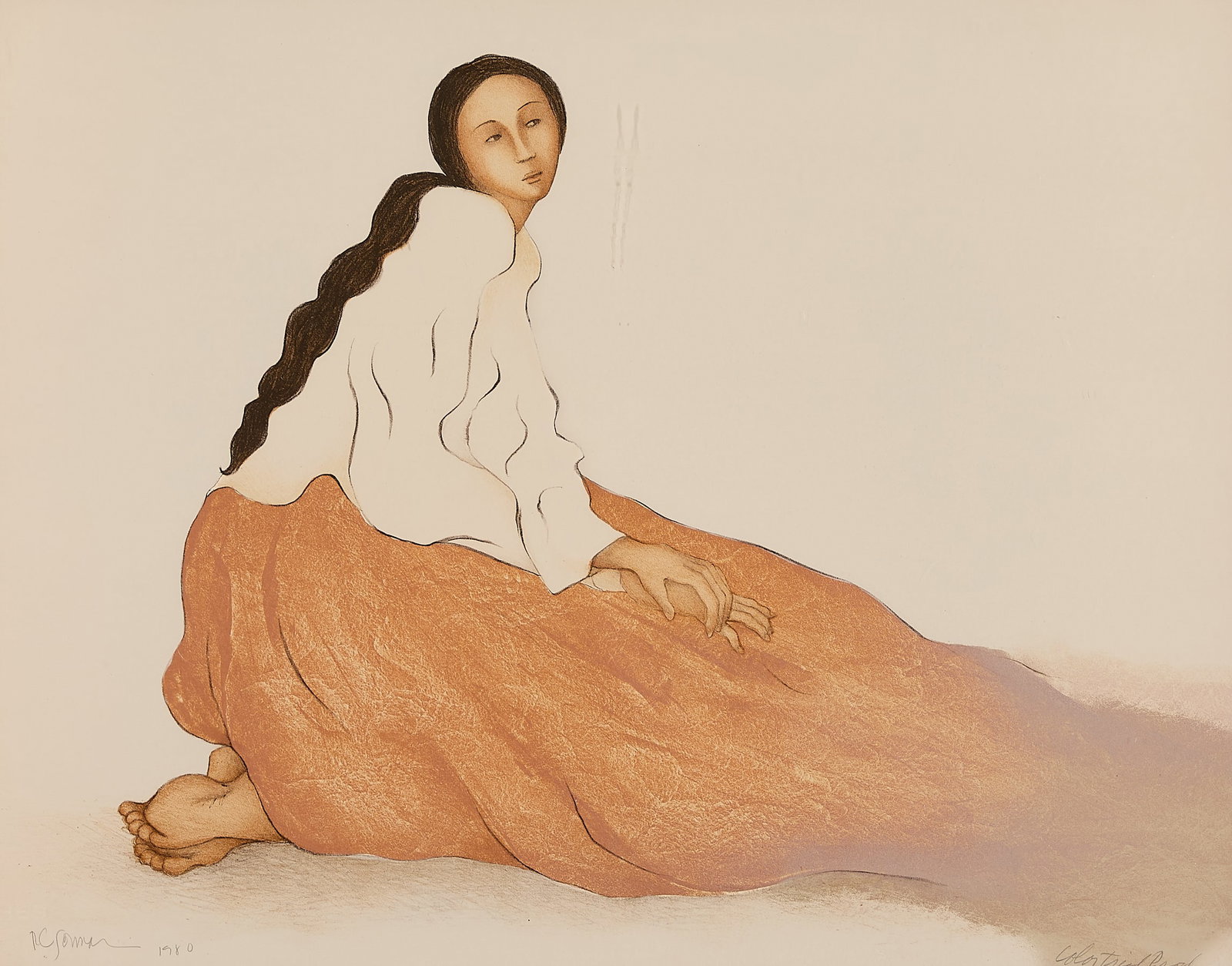 R.C. Gorman "Chela, State I" Lithograph 1980: Rudolph Carl "R.C." Gorman (Navajo, 1931-2005). Lithograph titled "Chela, State I," depicting a seated girl with flowing hair, 1980. Pencil signed and dated along the lower left. "Color Trial Proof" p