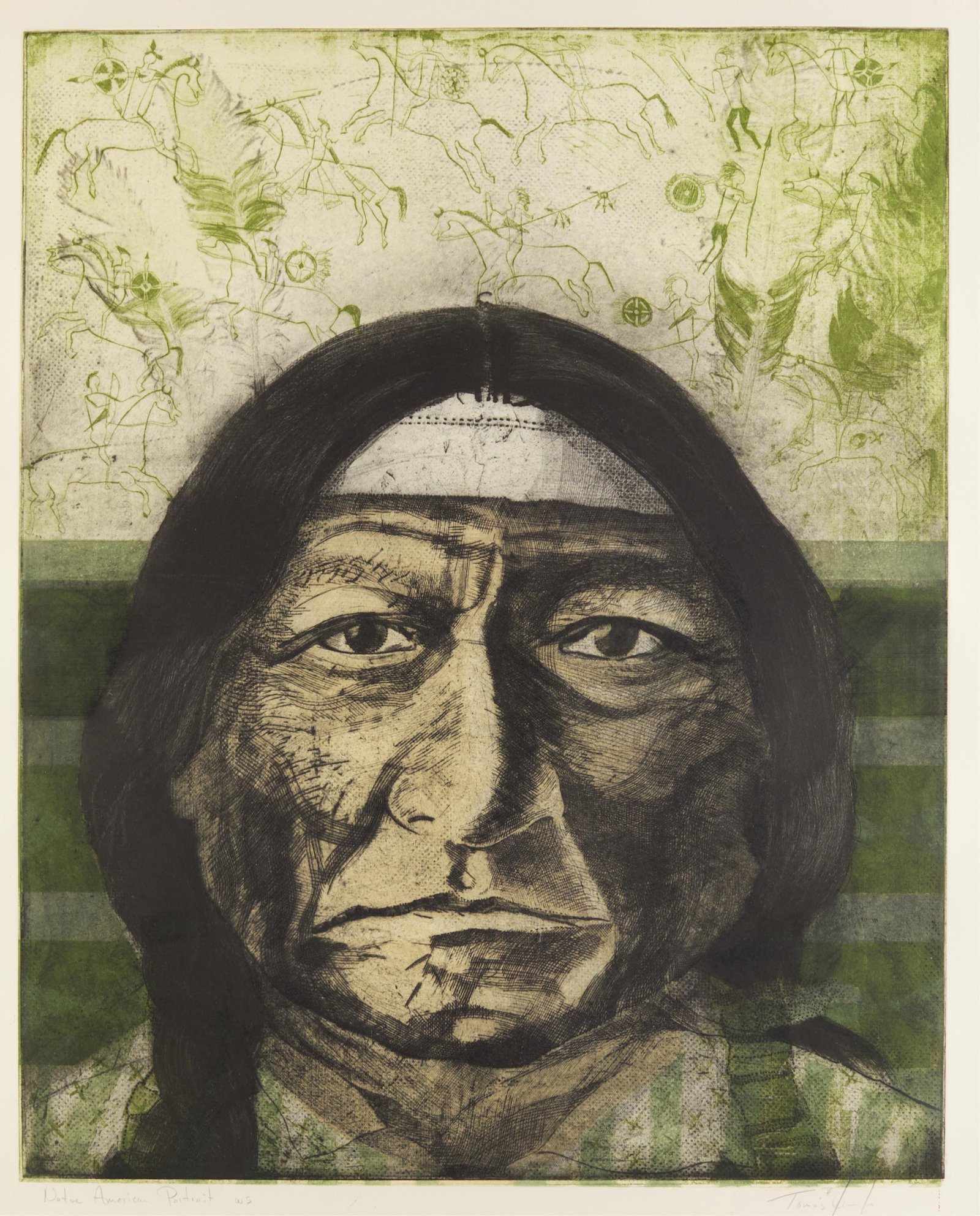 Tomas Lasansky "Sitting Bull" Color Intaglio 1997: Tomas Lasansky (American, b. 1957). Color intaglio print on paper titled "Native American Portrait (Sitting Bull)," 1997. Depicting the titular Hunkpapa Lakota leader. Pencil signed along the lower ri