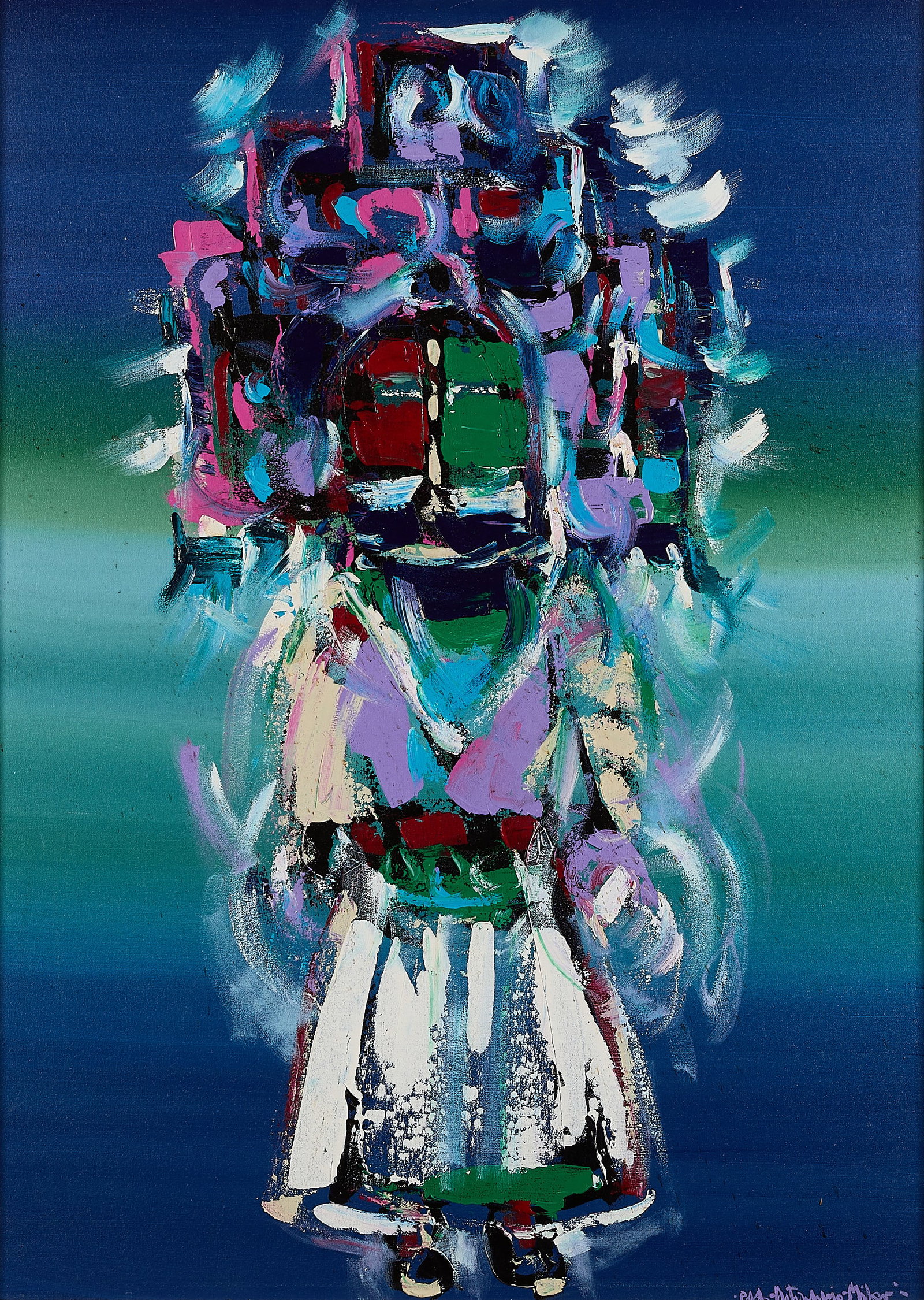 Pablo Antonio Milan "Dancing Figure" Oil Painting: Pablo Antonio Milan (American, 1961-2017). Oil on canvas painting titled "Dancing Figure (Kachina)," depicting a vibrant abstract figure resembling a kachina, against a striated blue background. Signe