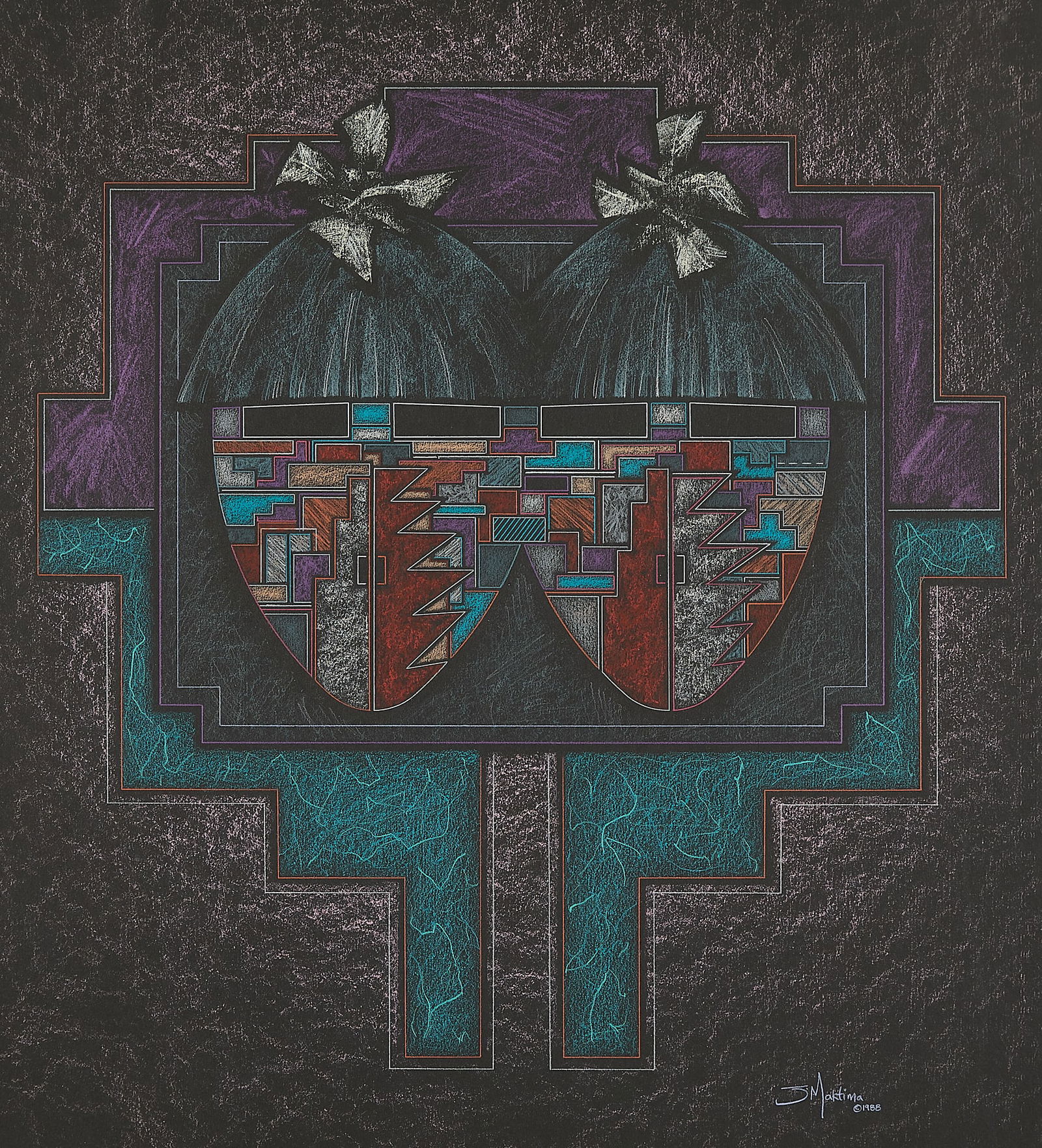 Joe Maktima "Brothers II" Drawing 1998: Joe Maktima (Hopi/Laguna, b. 1962). Prismacolor pencil on black paper drawing titled "Brothers II" depicting two linked masks featuring geometric motifs, 1998. Pen signed and dated along the lower rig