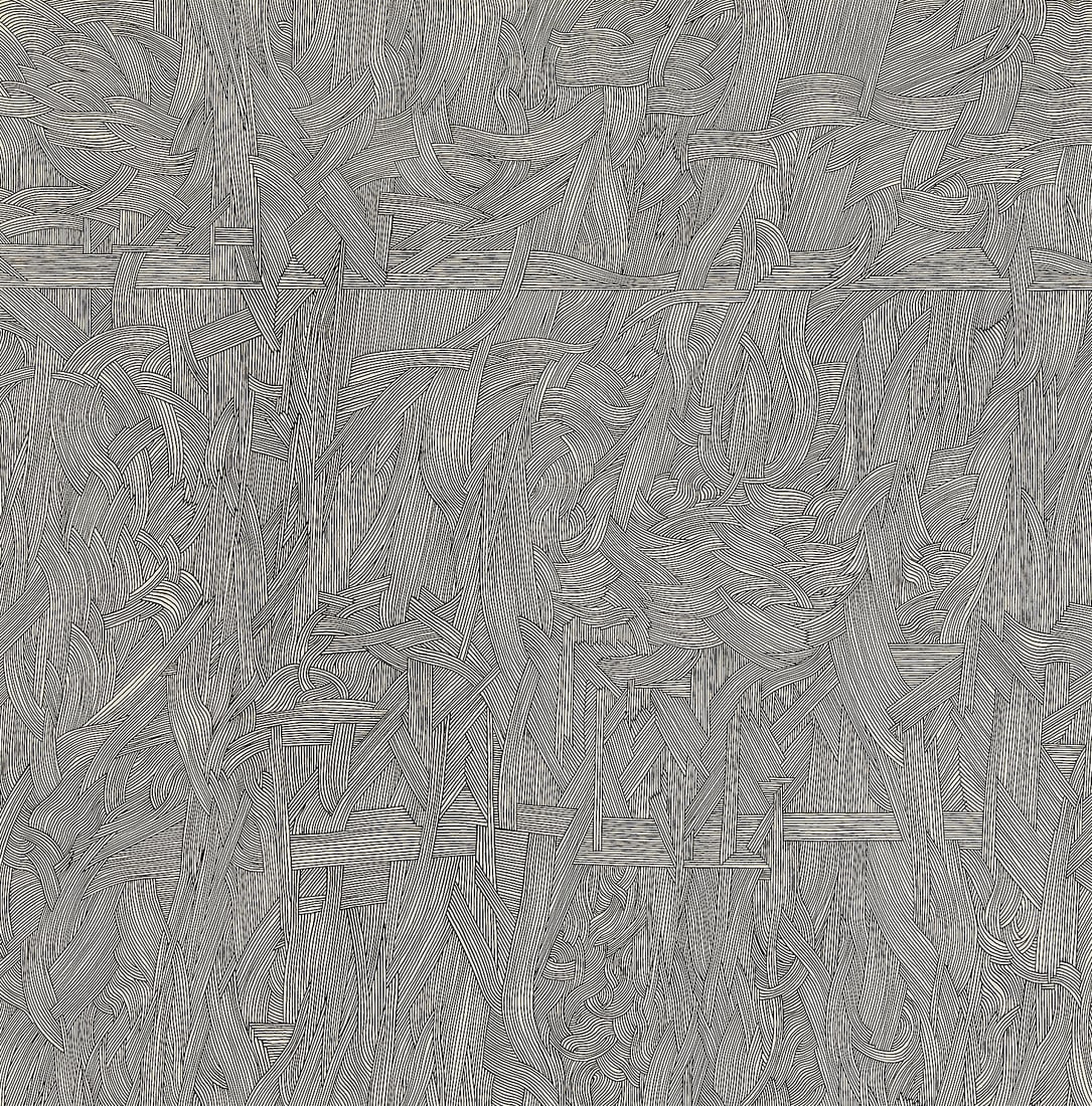 George Morrison Pen and Ink Line Drawing 1973: George Morrison (Grand Portage Anishinaabe, 1919-2000). Black ink on Strathmore paper drawing, 1973. With Walker Art Center label affixed along the verso. Depicting hundreds of sinuous and angular lin