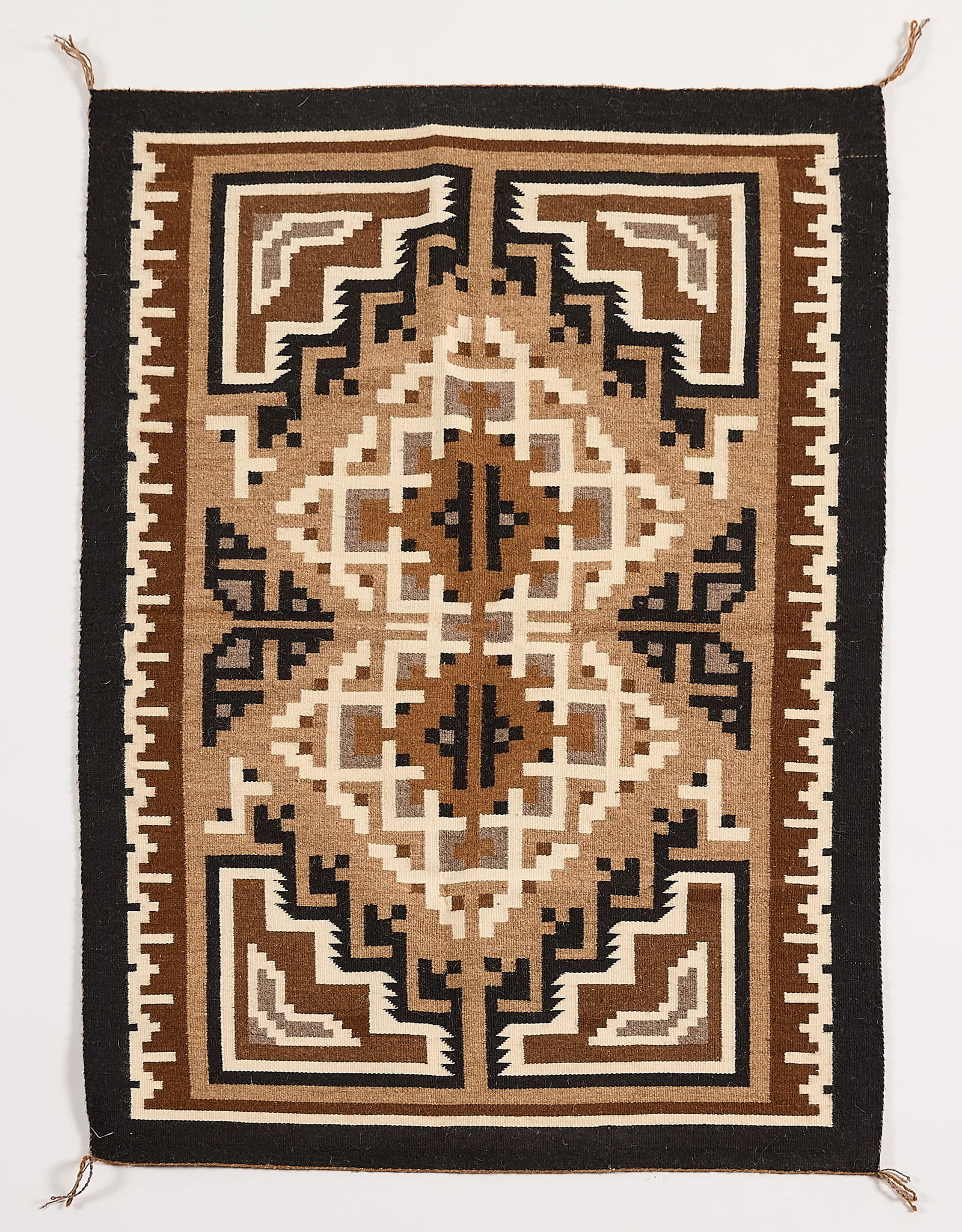 Katherine Nathaniel Two Grey Hills Rug 3'5"x2'6": Katherine Nathaniel (Dine (Navajo), 20th/21st century). Finely woven "Two Grey Hills" regional throw rug textile, 20th century. The carpet depicting an intricate double-diamond layout, centered by two