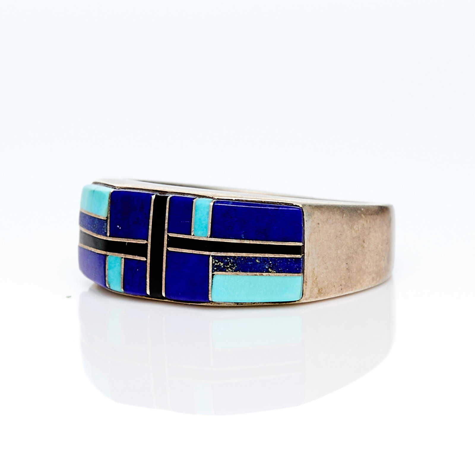 Silver Zuni Inlaid Ring Sz 7.75: Silver Zuni ring with three square inlaid panel with turquoise and lapis. Hand signed indistinctly, metal unmarked. Tested silver.Ring size: 7 3/4 US. Gross weight: 5.4 g.