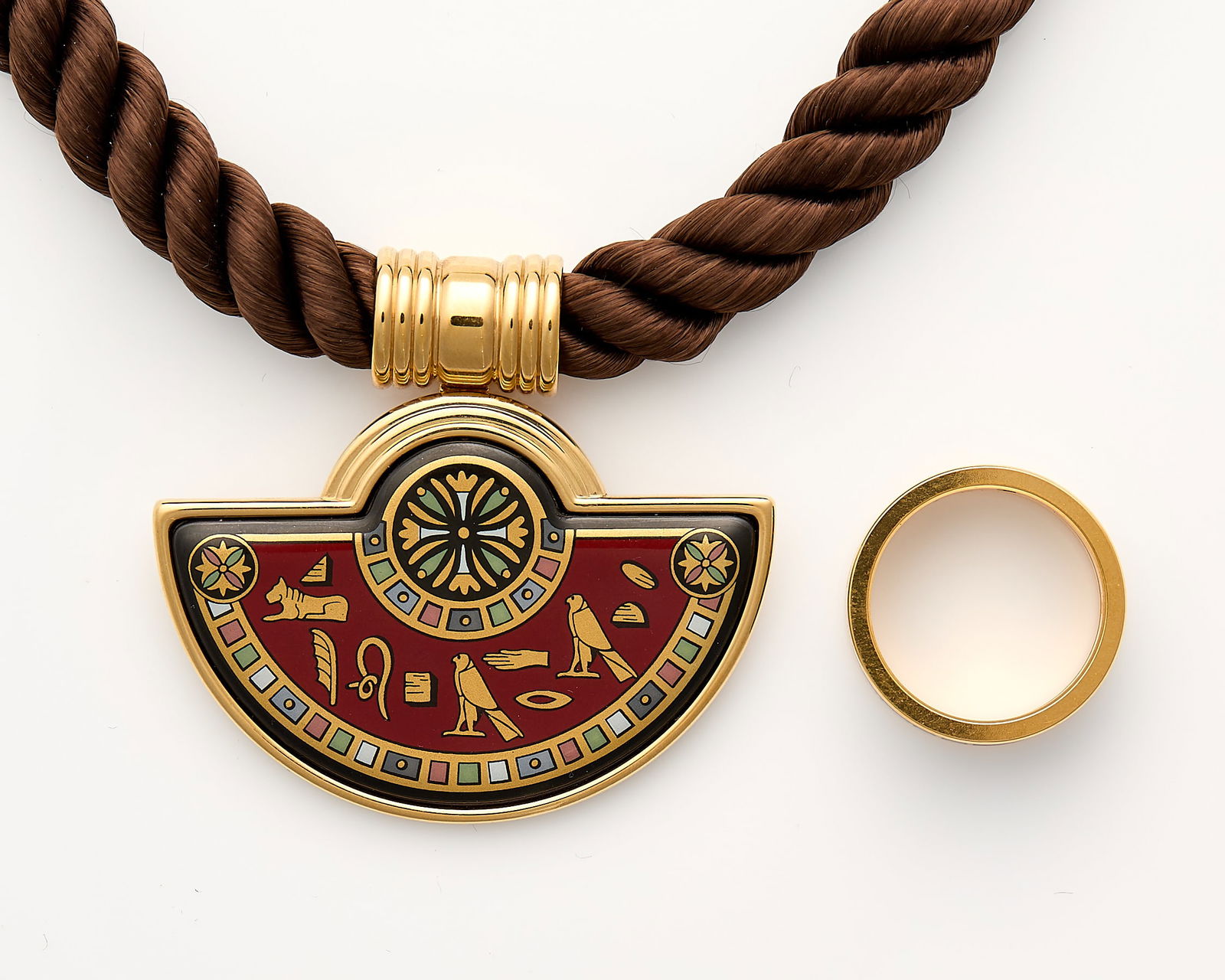 Frey Wille Cleopatra Gold Plated Necklace & Ring: M. Frey Wille fire enameled & gold plated jewelry from their Cleopatra line. With original boxes & pamphlets. (Necklace) Length: 18 in. (Ring) Size: 7 US. Gross weight: 48.18 g.