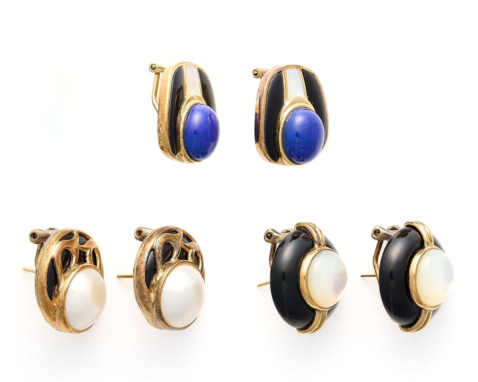 3 Pairs Kai-Yin Lo Earrings: Three pairs of Kai Yin Lo sterling gold vermeil earrings, all set with enamel and mother of pearl, on posts with omega backs, marked KYLO 925. (Each, approx.) Diameter: 1 in. Gross weight: 52.7 g.