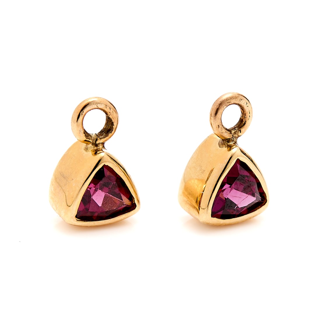 14k Yellow Gold & Garnet Hooplets/Charms: Pair 14k yellow gold charms or hooplets set with trillion cut garnets. Unmarked, tested 14k. (Each) Length: 8.57 mm x width: 5.43 mm x depth: 3.78 mm. Gross weight: 1.22 g.