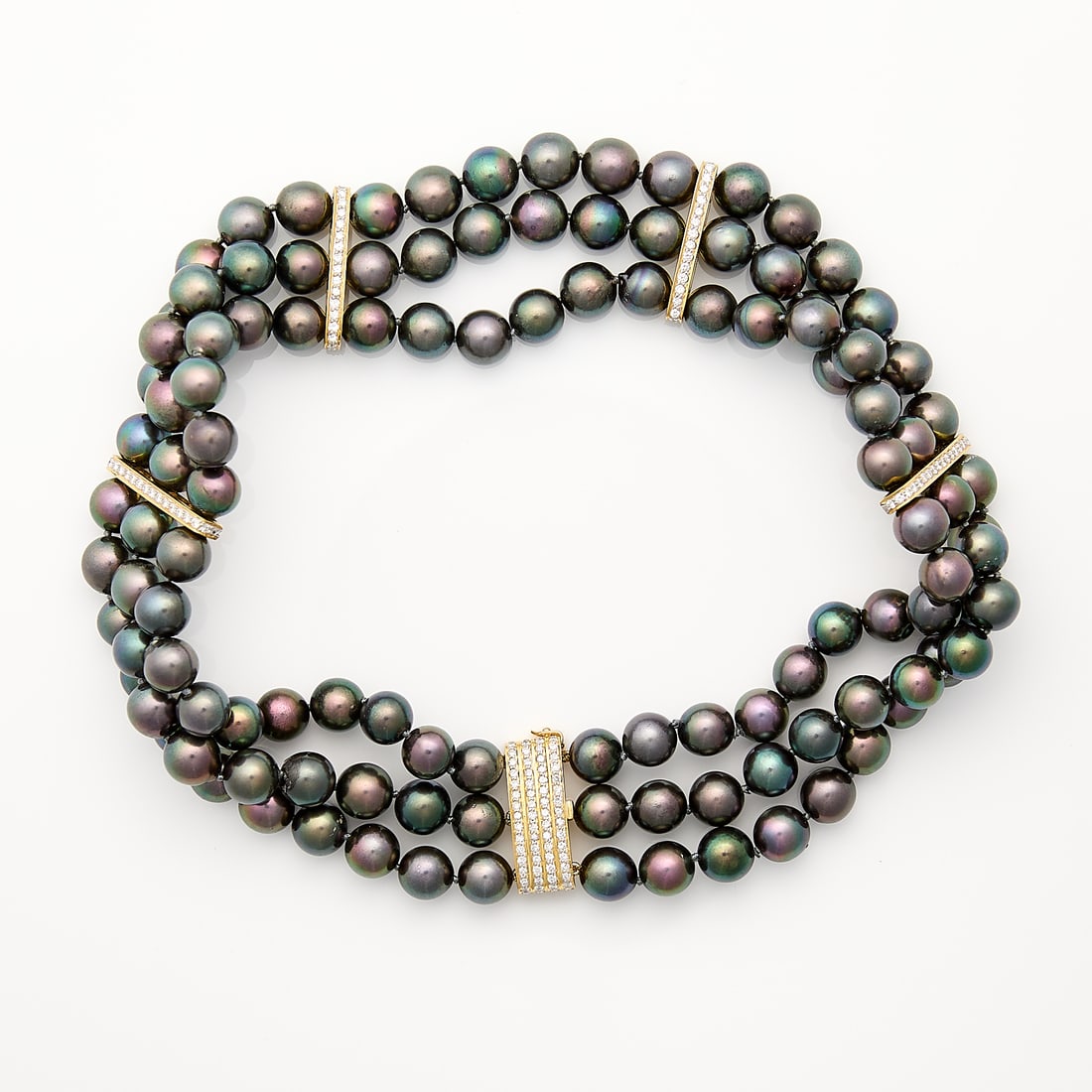 18k Gold, Diamond & Peacock Pearl 3 Strand Choker (1 of 6)