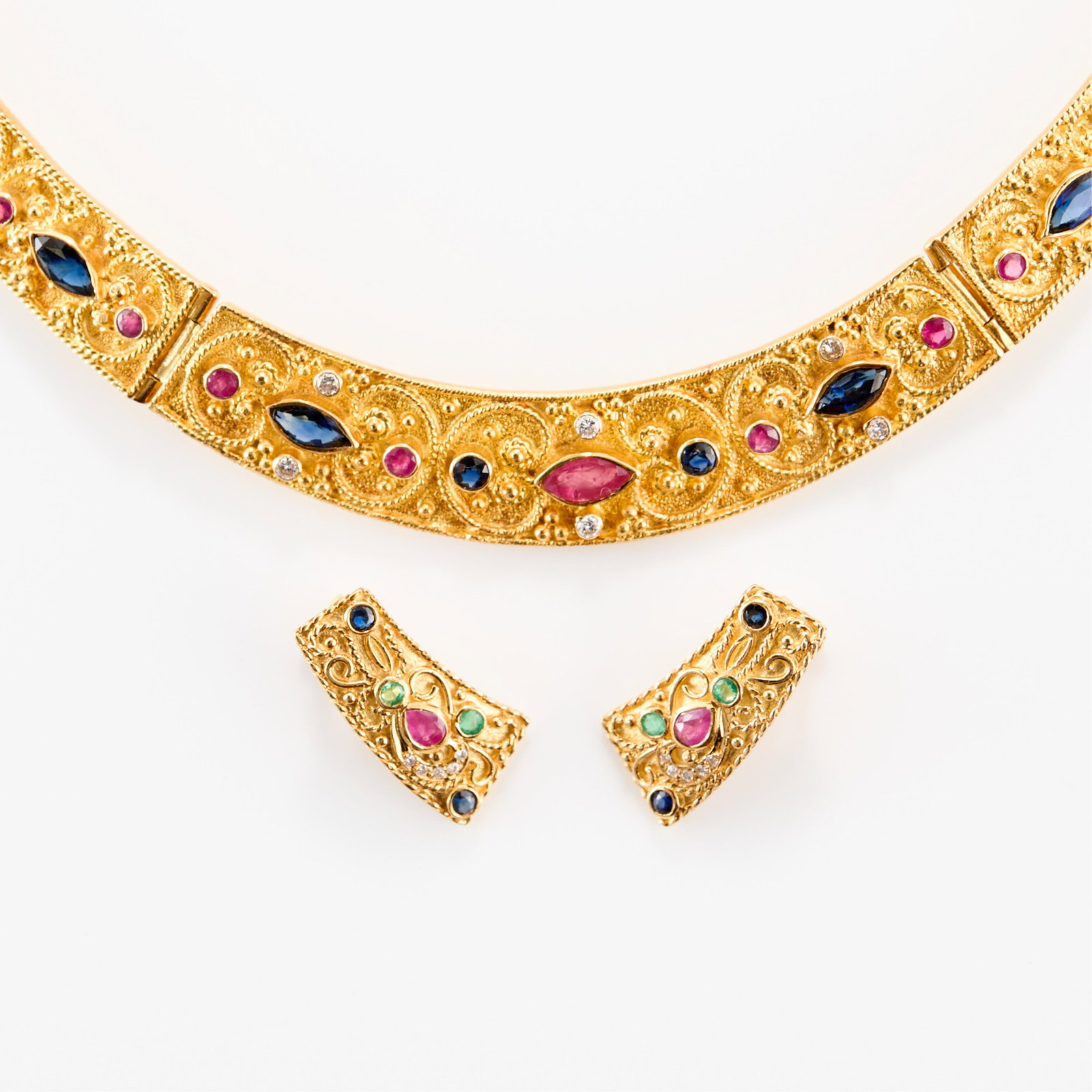 Kouzoupis 18k Gemset Byzantine Necklace & Earrings: Kouzoupis Greek 18k yellow gold necklace & earrings from their Imperial collection, in the Byzantine style.The necklace comprised of nine gold placards with ancient inspired miligrain details and seve