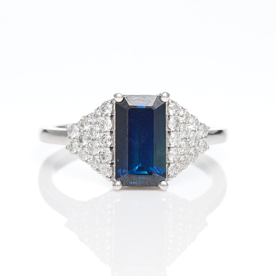 Oscar Friedman Platinum Sapphire & Diamond Ring: Oscar Friedman platinum ring set with central 2.27 ct GIA certified step cut blue sapphire with diamond mounted shoulders set with 28 round brilliant cut diamonds of 0.44 ctw, F-G color, VS2-SI1.