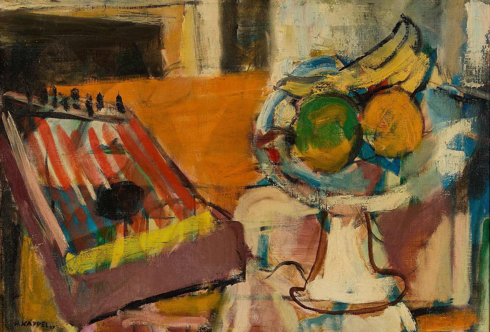 Early Hugh Kappel Still Life Oil Painting 1947: Hugh Kappel (German, 1910-1982). Oil on canvas painting depicting a still life bowl of fruit and lyre, 1947. Signed and dated along the lower left.Sight; height: 18 in x width: 26 in. Framed; height: