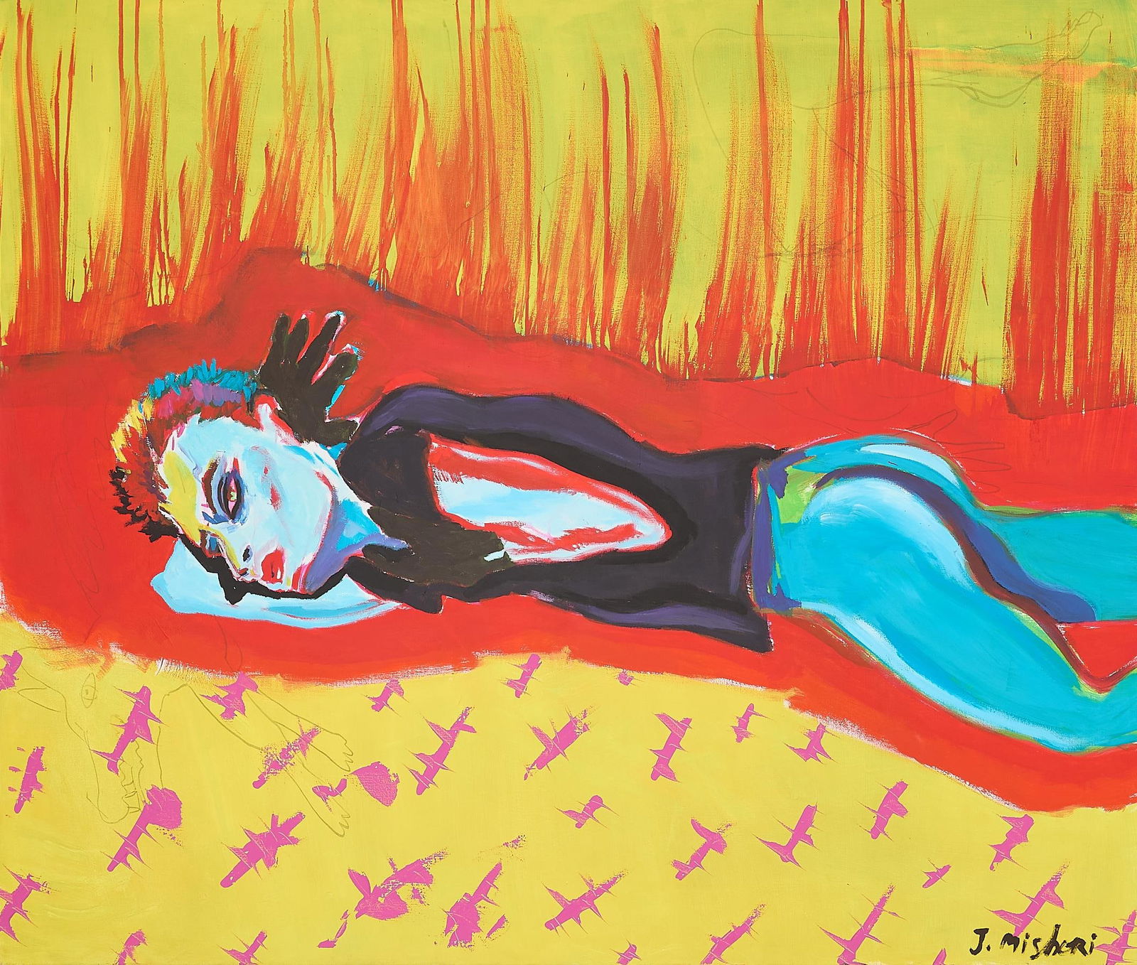 Large Jacob Mishori "Expectation" Painting 1983: Jacob Mishori (Israeli, b. 1952). Acrylic on canvas painting titled "Expectation," 1983. Signed along the lower right; further signed, dated, and inscribed along the verso "Gessel" and "Leiden." From