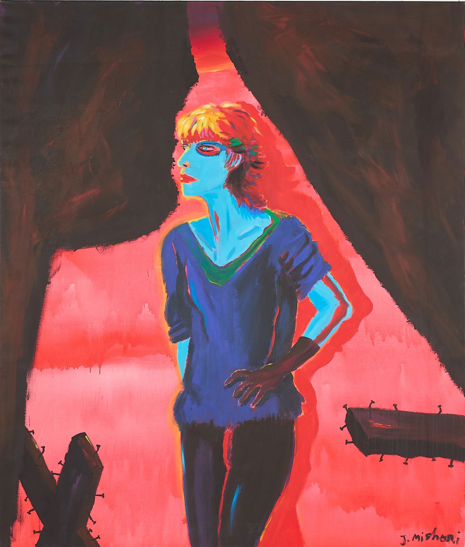 Large Jacob Mishori "Ms. Nellie" Painting 1983: Jacob Mishori (Israeli, b. 1952). Acrylic on canvas painting titled "Ms. Nellie," 1983. Signed along the lower right; further signed, dated, and inscribed along the verso "Nellie Blydorp ," "Gessel,"