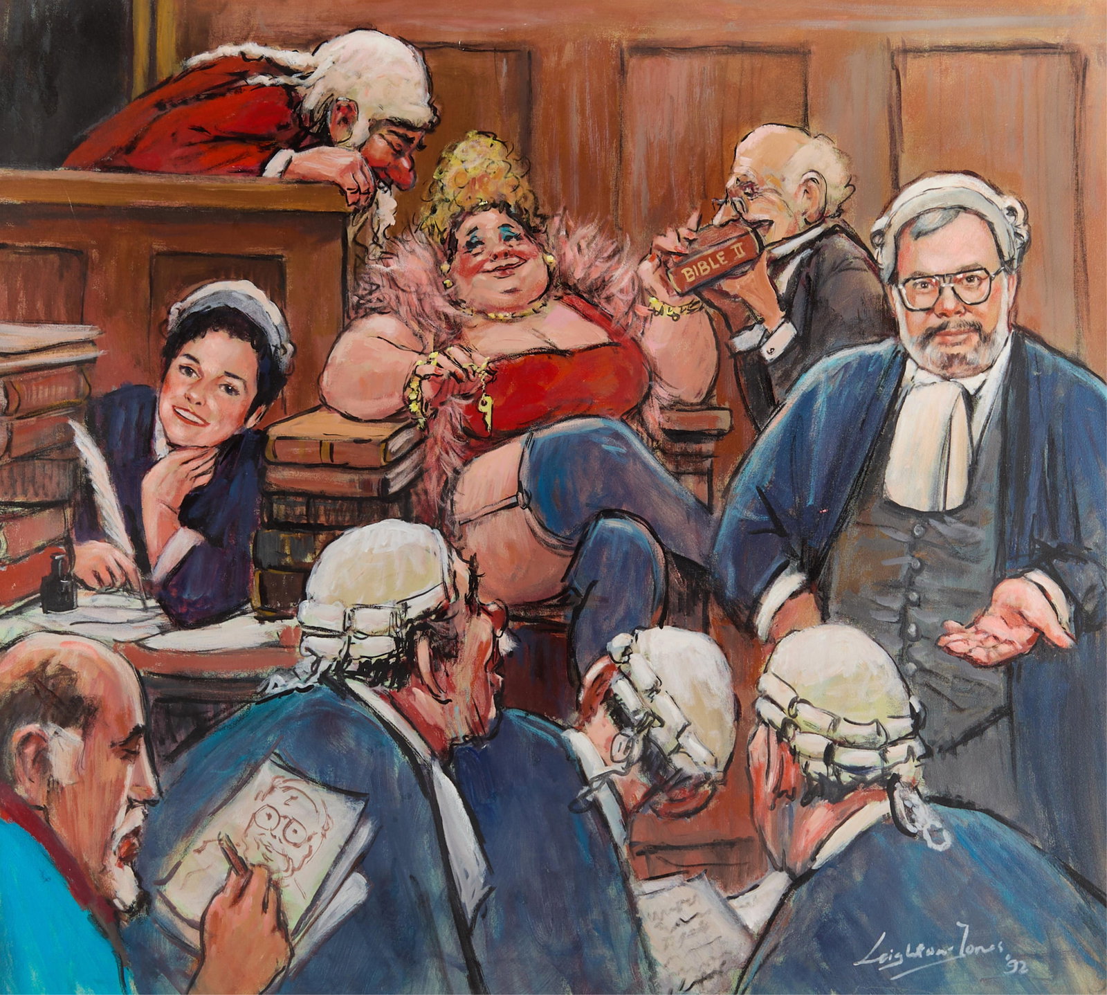 Barry Leighton-Jones Courtroom Oil Painting 1992: Barry Leighton-Jones (English, 1932-2011). Oil on canvas painting depicting a satirical British courtroom, 1992. Signed and dated along the lower right. With a label from the Hill Auction Gallery