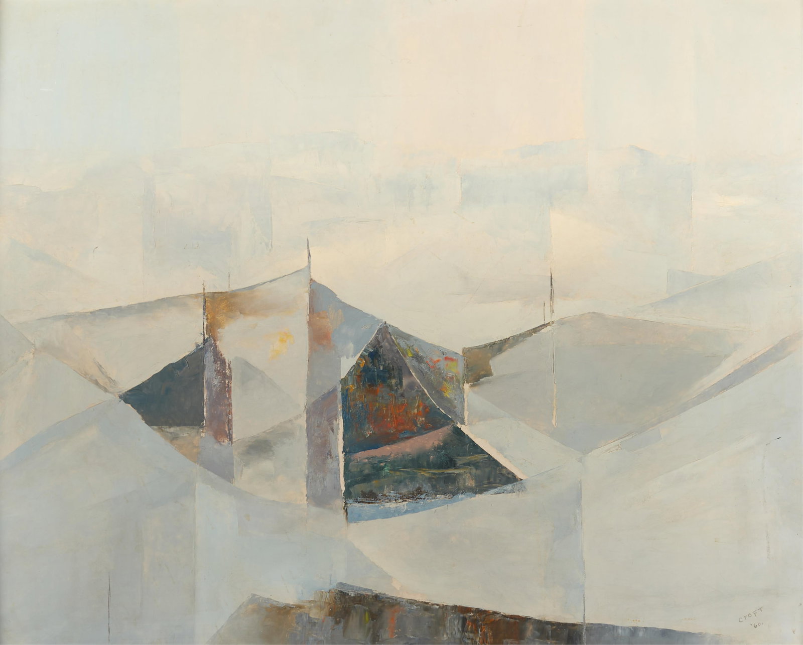 Lewis Scott Croft Abstract Oil Painting 1960: Lewis Scott Croft (American/Canadian, 1911-1980). Oil on board painting depicting abstract, geometric motifs in neutral tones, 1960. Signed and dated along the lower right. With a label from E.