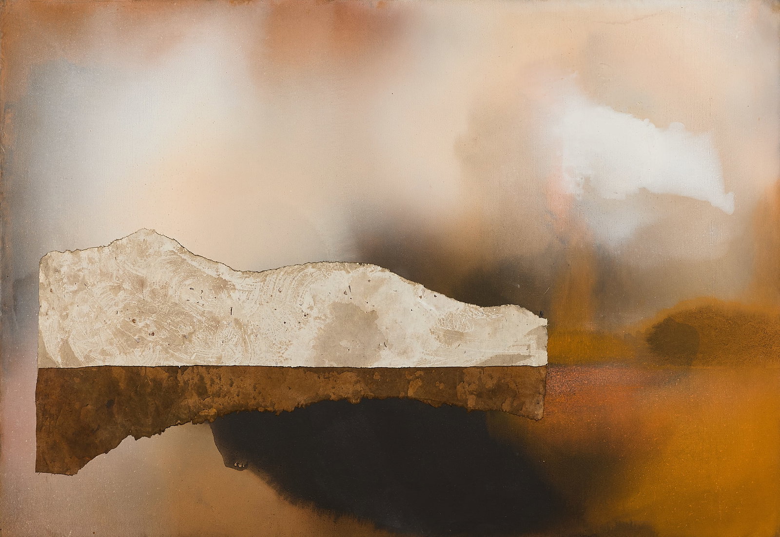 Emily Hall Morse "Crystal Peaks" Collage: Emily Hall Morse (American, 1905-1988). Mixed media collage on canvas titled "Crystal Peaks," depicting the artist's signature abstract design in burnt orange, cream, and black. With a label from