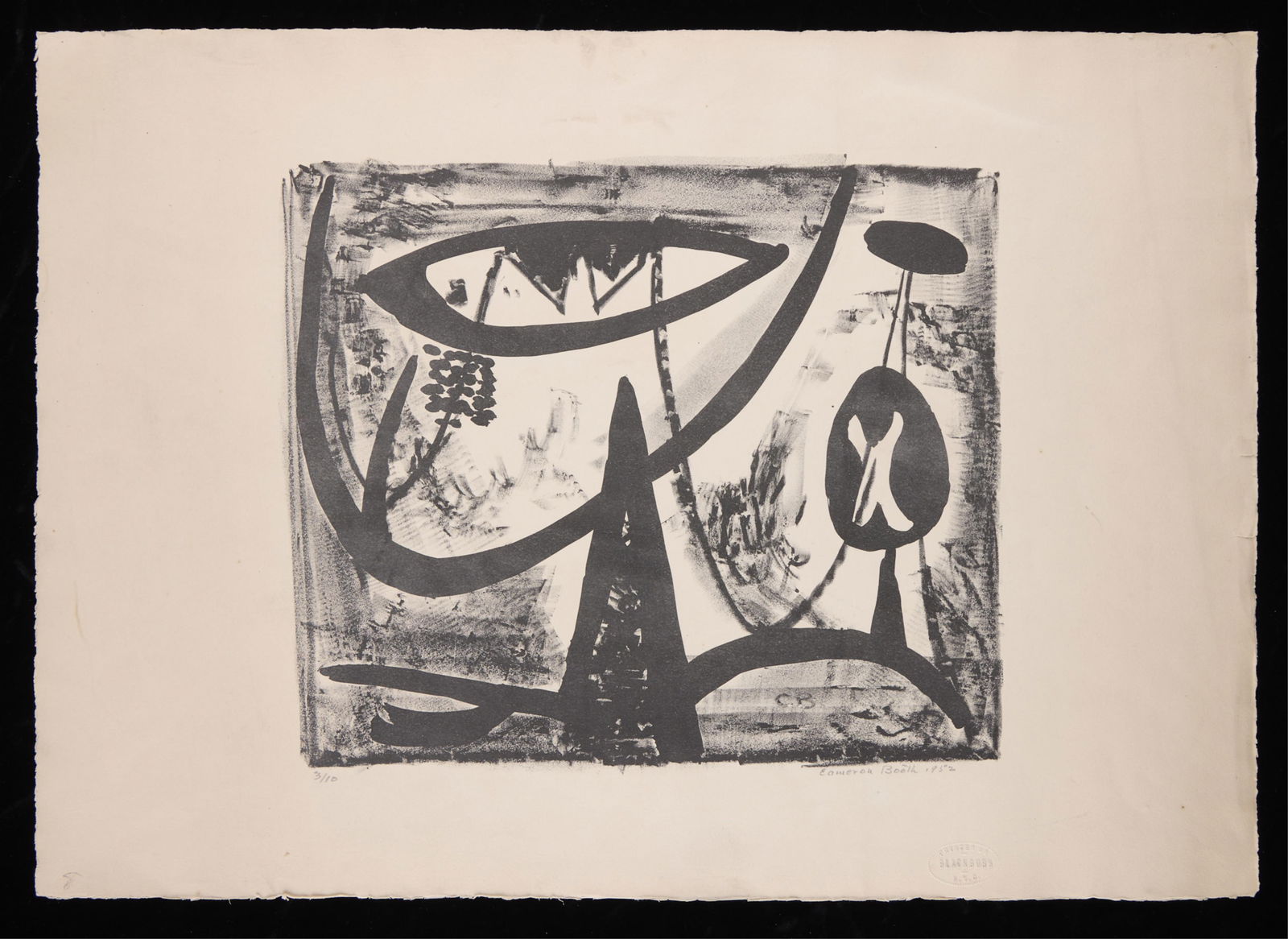 Cameron Booth Abstract Print 1952: Cameron Booth (American, 1892-1980). Lithograph on paper print depicting an abstract composition, 1952. Pencil signed and dated along the lower right; numbered 3/10 along the lower left. Height: 16