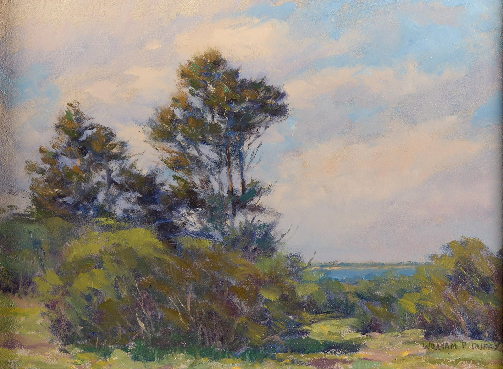 William P. Duffy “Pocono Pines?? Oil Painting: William P. Duffy (American, b. 1948). Oil on board painting titled "Pocono Pines." Depicting a lush landscape scene under a sunny sky with scattered clouds. Signed along the lower right. Unframed;