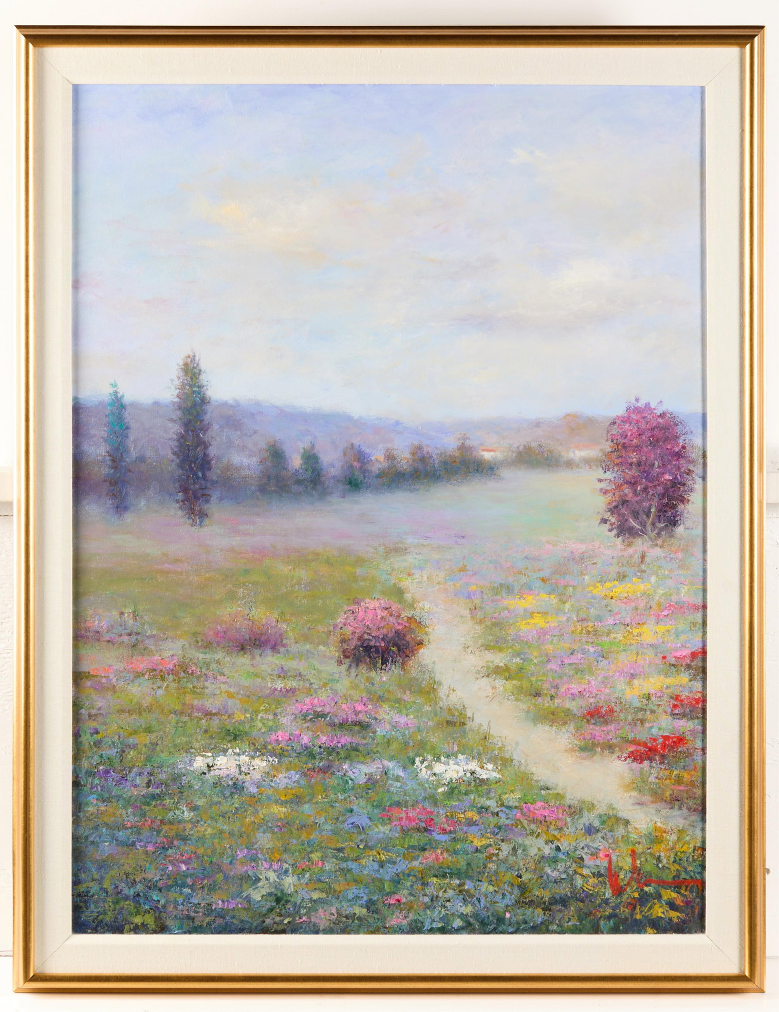 Troy Acker "Morning Mist" Landscape Oil Painting: Troy Acker (American, b. 1945). Oil on canvas painting titled "Morning Mist," depicting a landscape scene with vibrant, blooming flowers along the foreground. Signed along the lower right; further sig