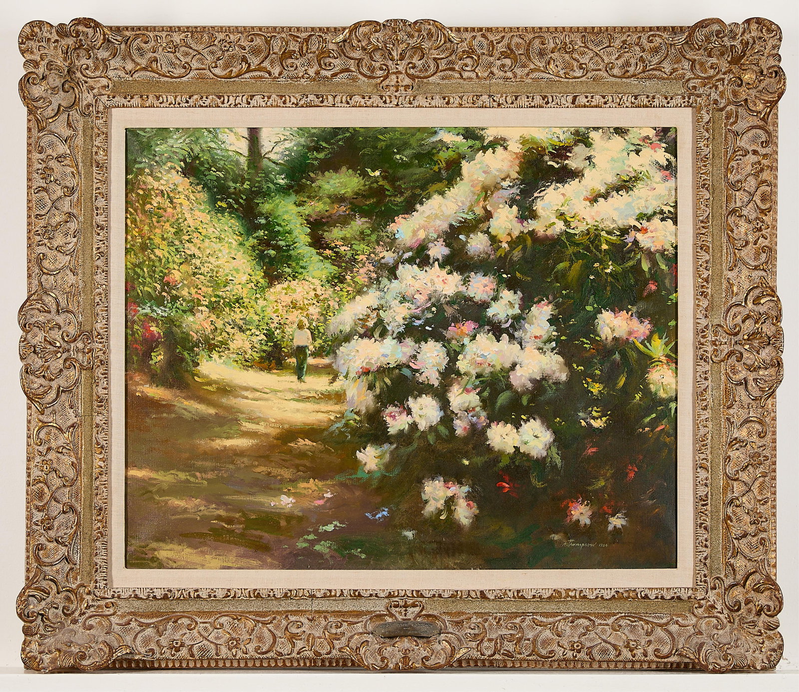 Richard Earl Thompson "Thru the Garden" Painting: Richard Earl Thompson (American, 1941-1991). Oil on canvas painting titled "Thru the Garden," 1984. Depicting a figure walking through a garden bloom. Signed and dated along the lower right. Titled al