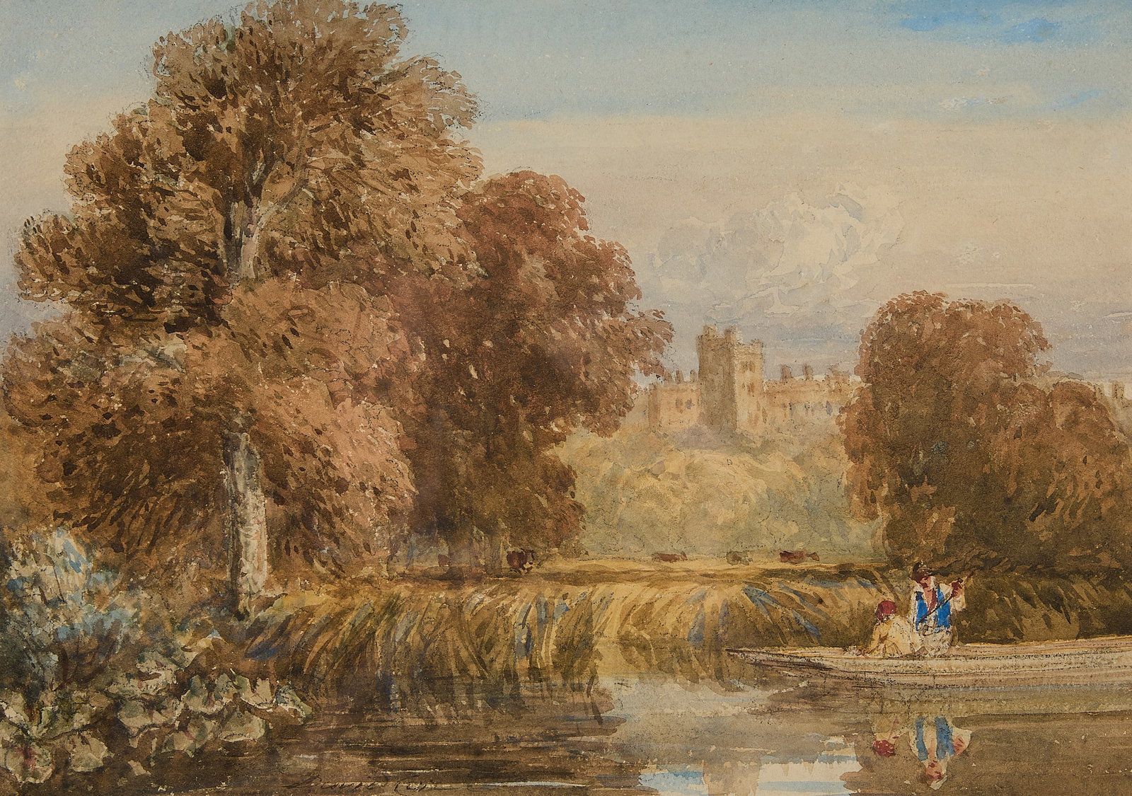 David Cox "Windsor Castle from Etom" Watercolor: David Cox (English, 1783-1859). Black chalk and watercolor on paper titled "Windsor Castle from Eton Meadows," depicting a river landscape scene with a castle visible along the horizon, ca. 18th/19th