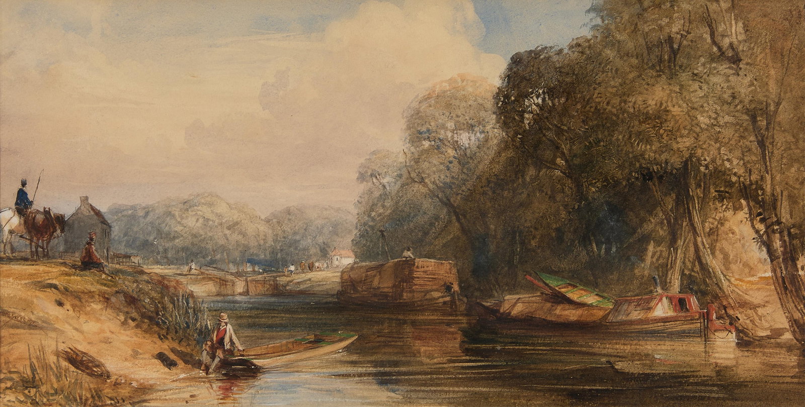 William Evans "Windsor Lock on Thames" Watercolor: William Evans of Eton (English, 1798-1877). Watercolor on paper titled "Windsor Lock on the Thames," depicting a military campsite along the banks of the Thames River, ca. 19th century. Signed, titled