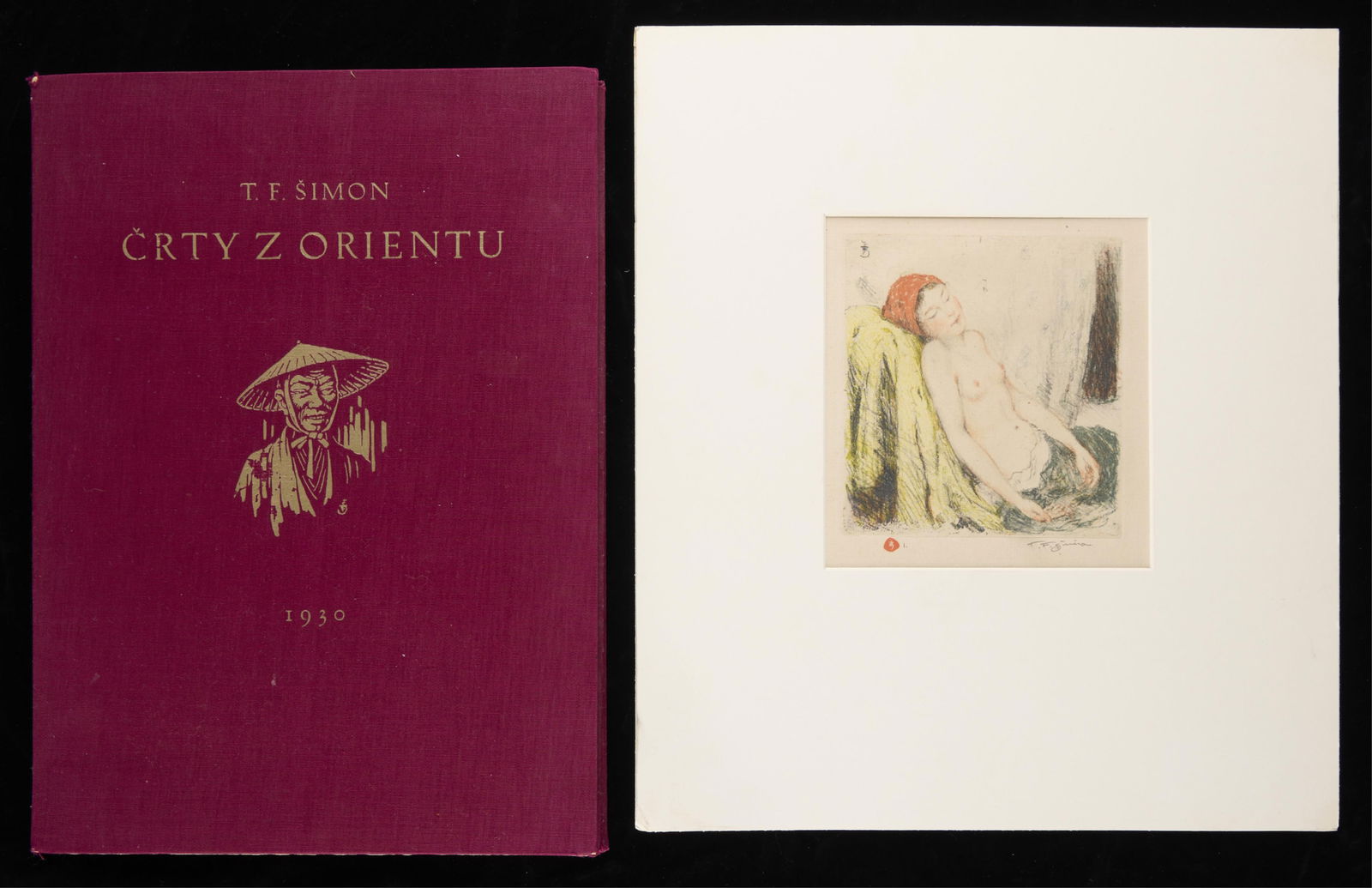 2 Tavik Frantisek Simon "Nude" & "Crty Z Orientu": Tavik Frantisek Simon (Czech, 1877-1942). Group of two artworks. Including a color etching titled "Nude Sleeping," depicting a partially nude woman resting. Pencil signed along the lower right and