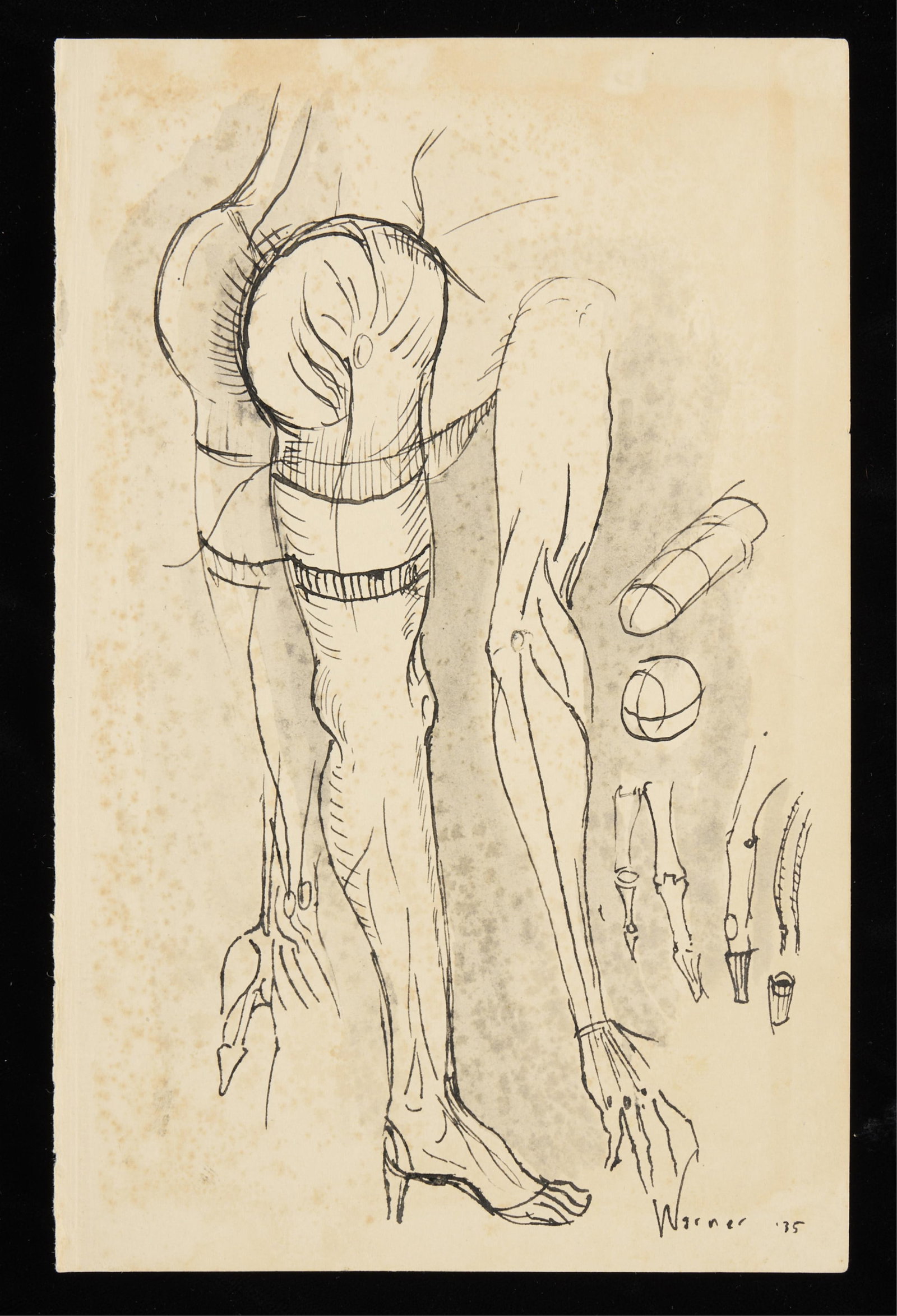 S. Warner Art Brut German Drawing: Stewart Warner German Expressionist or Art Brut drawing, 1935. Ink on paper depicting human forms. Signed and dated along the lower right.Height: 8 1/2 in x width: 5 1/2 in.