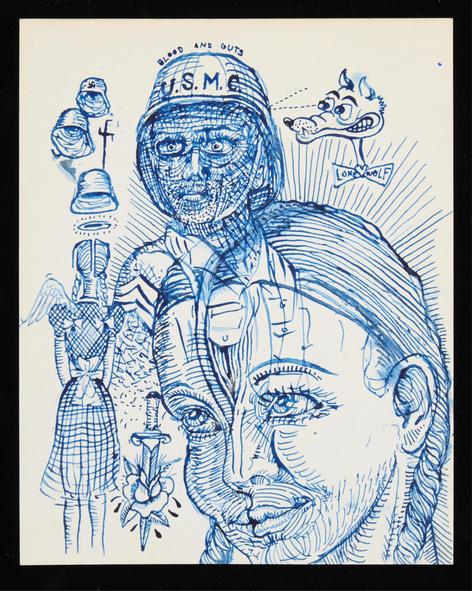 Expressionist Art Brut Drawing: German Expressionist or Art Brut drawing. Blue ink on paper depicting a U.S. Marine, a girl, a dagger through a heart, and more. Unsigned.Height: 6 in x width: 5 in.
