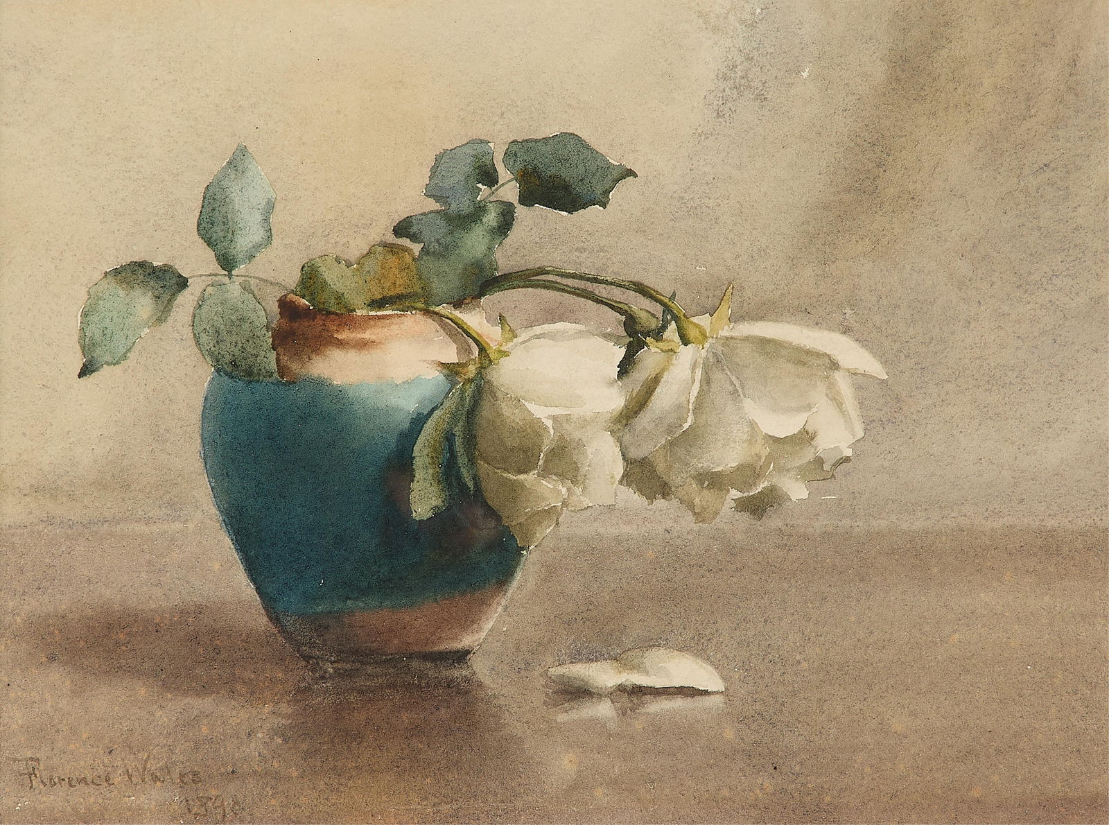 Florence Wales Still Life "White Roses" Watercolor: Florence Wales (American, 19th-20th century). Still life watercolor painting depicting two white roses in a rounded vase, 1898. Signed and dated along the lower left.Florence Wales was an artist, teac