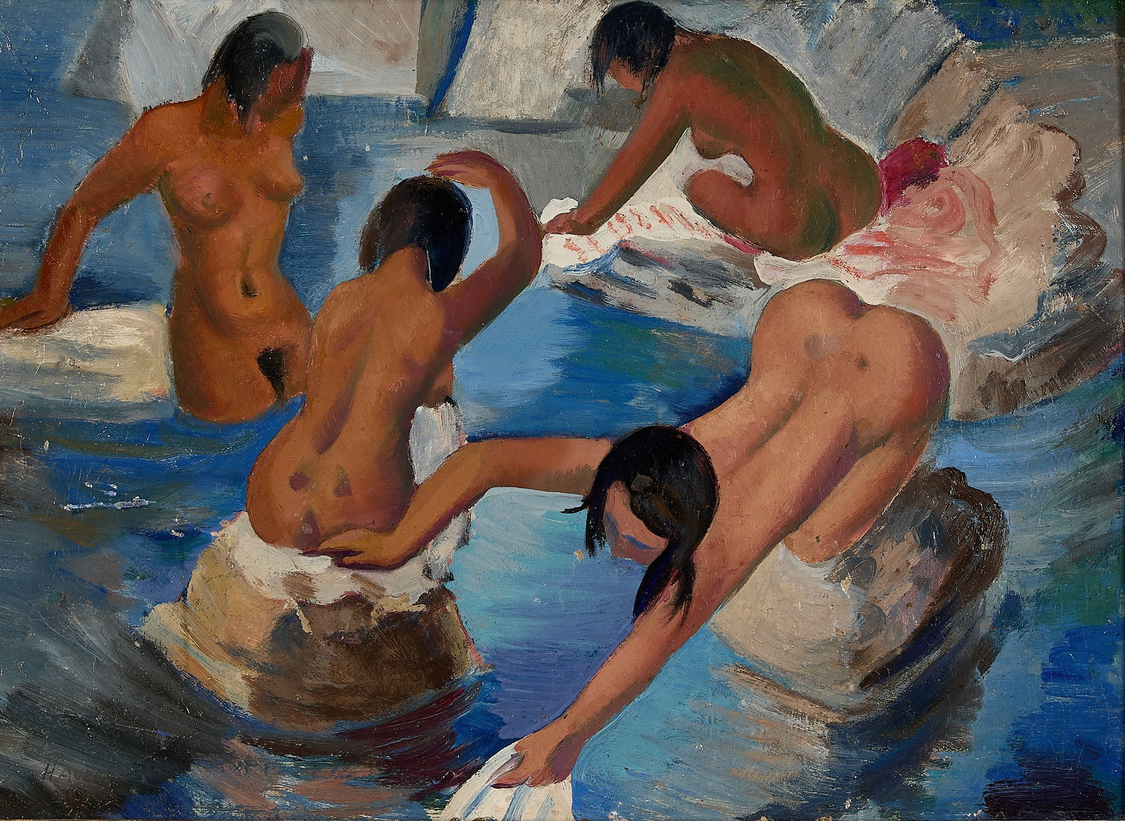 Clement Haupers Bathing Scene Oil Painting: Clement Bernard Haupers (American, 1900-1982). Oil on board bathing scene painting depicting four nude women amid rocks in a body of water, early 20th century. Signed along the lower left.Clement Bern