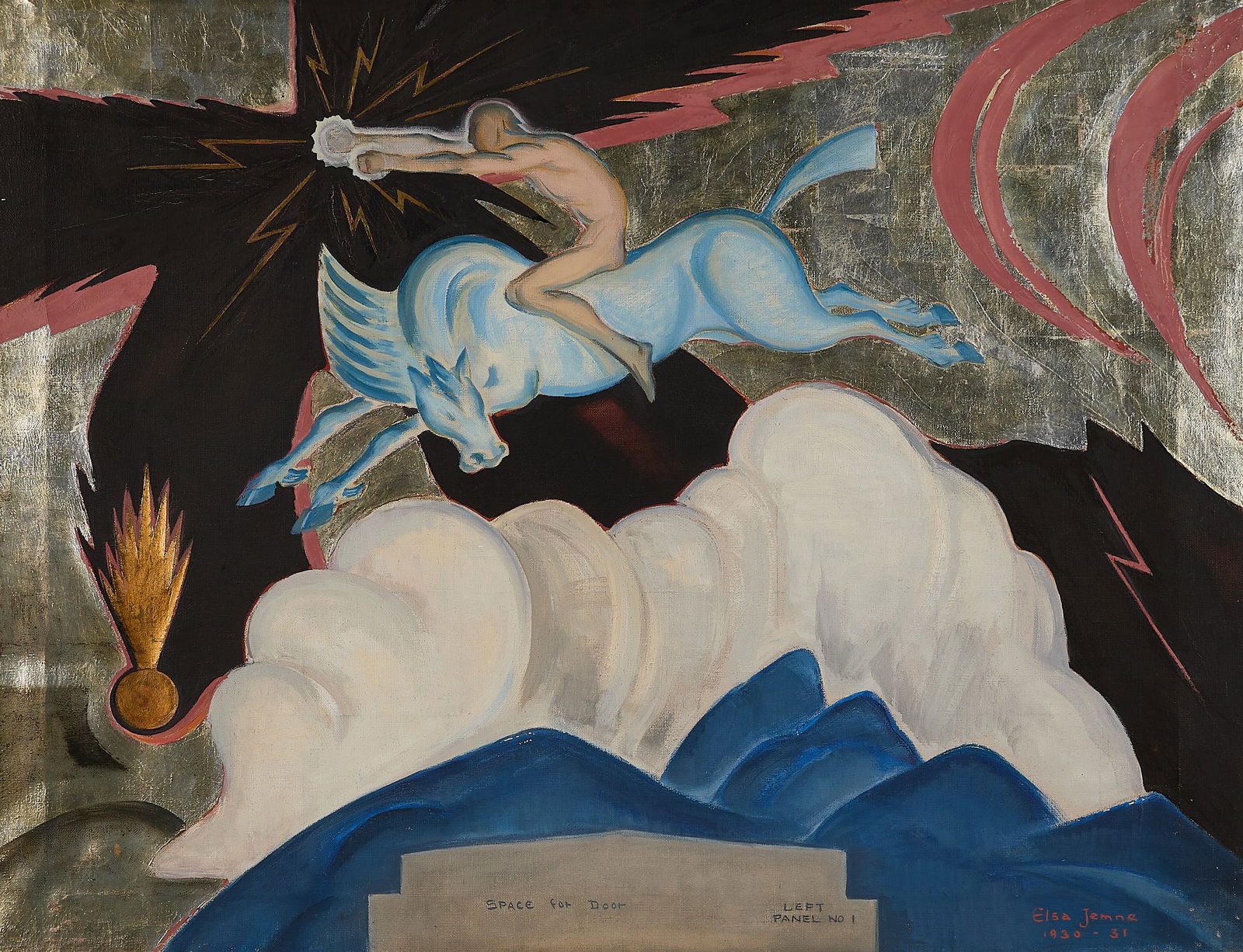 Elsa Jemne "Space for Door 1" Painting 1930: Elsa Laubach Jemne (American, 1887-1974). Oil on canvas painting titled "Space for Door," 1930-1931. Depicting a nude figure atop a flying blue horse amidst a mythical scene. Signed and dated along th