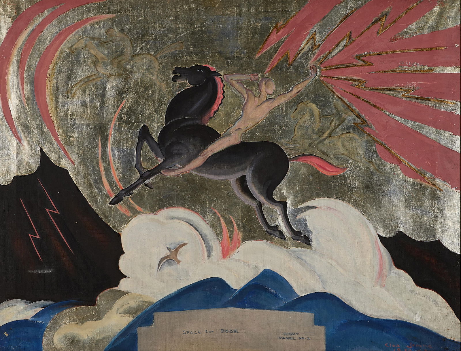 Elsa Jemne "Space for Door 2" Painting 1930: Elsa Laubach Jemne (American, 1887-1974). Oil on canvas painting titled "Space for Door," 1930-1931. Depicting a nude figure atop a black horse amidst a mythical scene. Signed and dated along the lowe