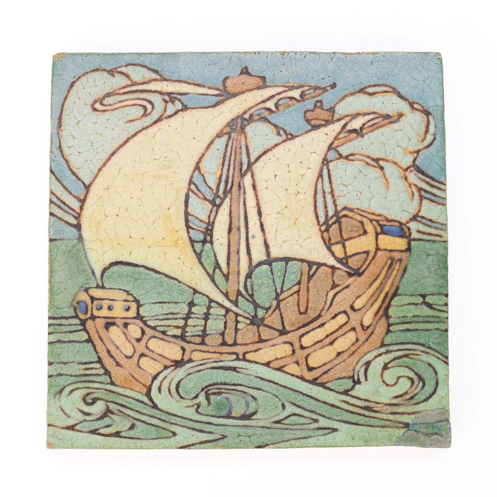 9" Grueby Faience Pottery "Galleon Ship" Tile (1 of 4)