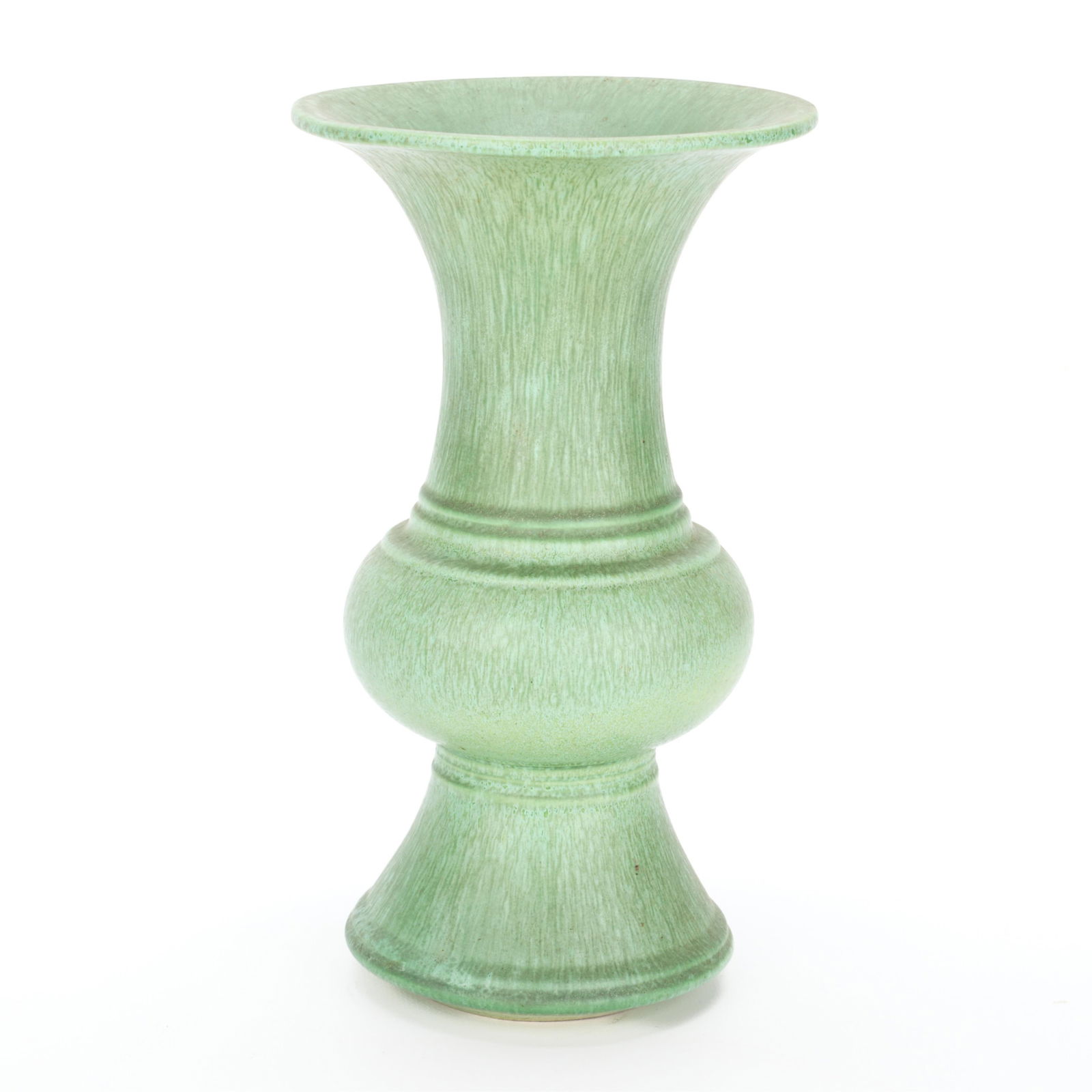 AMACO Artclay Matte Green Flared Trumpet Vase: AMACO (American Art Clay Company), United States. Early 20th century American art pottery trumpet vase with matte green "curdled" glaze, ca. 1930s. Of shapely form, similar to archaic Chinese "gu" ves