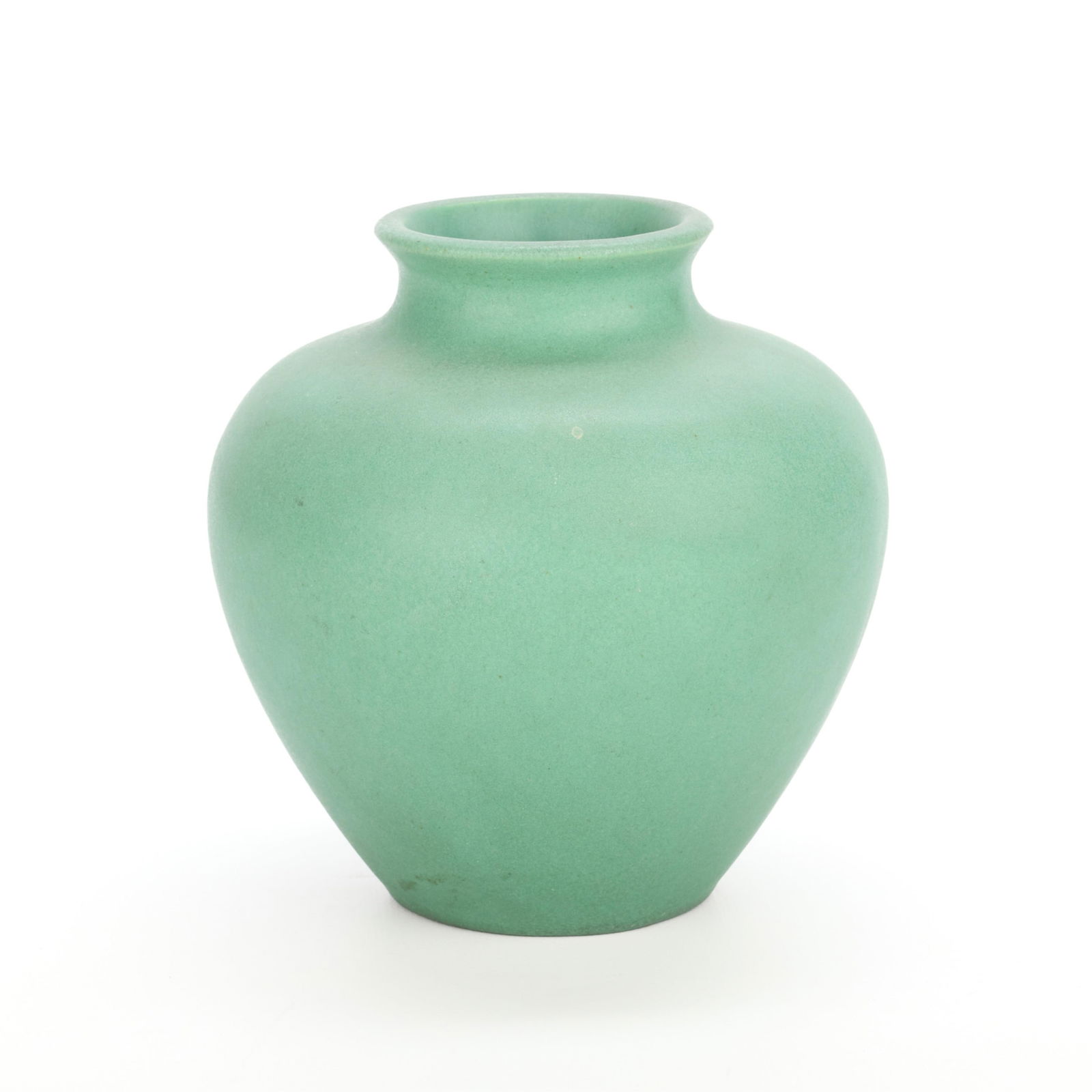 Teco Art Pottery Prairie School Rounded Vase: American Terra Cotta & Ceramic Company, Illinois, United States. Teco Prairie School art pottery earthenware vase, ca. 1910s. Of bulbous form with recessed neck and flared rim. Executed in the signatu