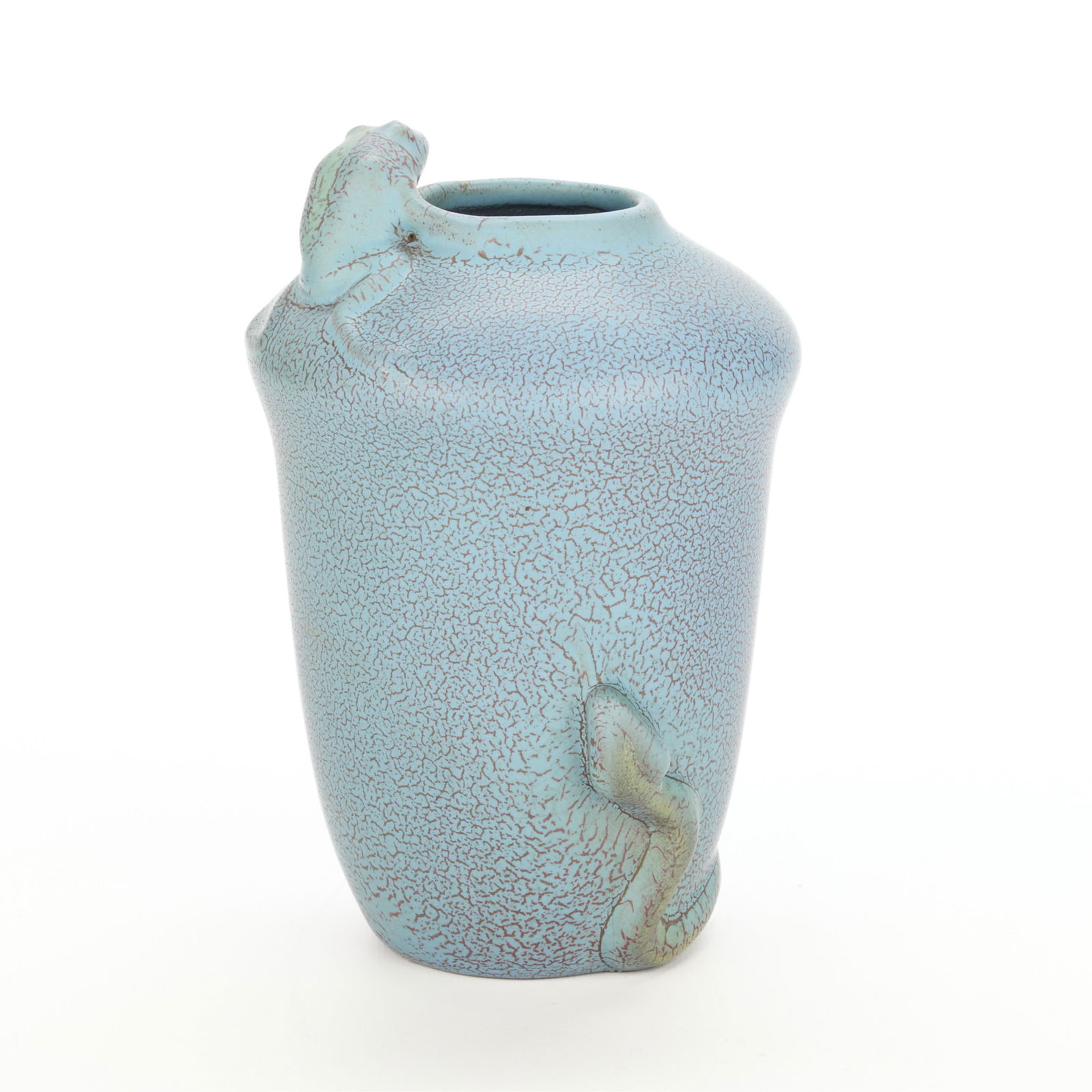 Weller Pottery Fru-Russet "Etna" Frog & Snake Vase: Weller Pottery, Zanesville, Ohio. Art pottery ceramic "Etna" shape vase depicting a frog perched along the sloping shoulder and a snake slithering along the footrim, ca. 1902-1907. Earthenware with mo