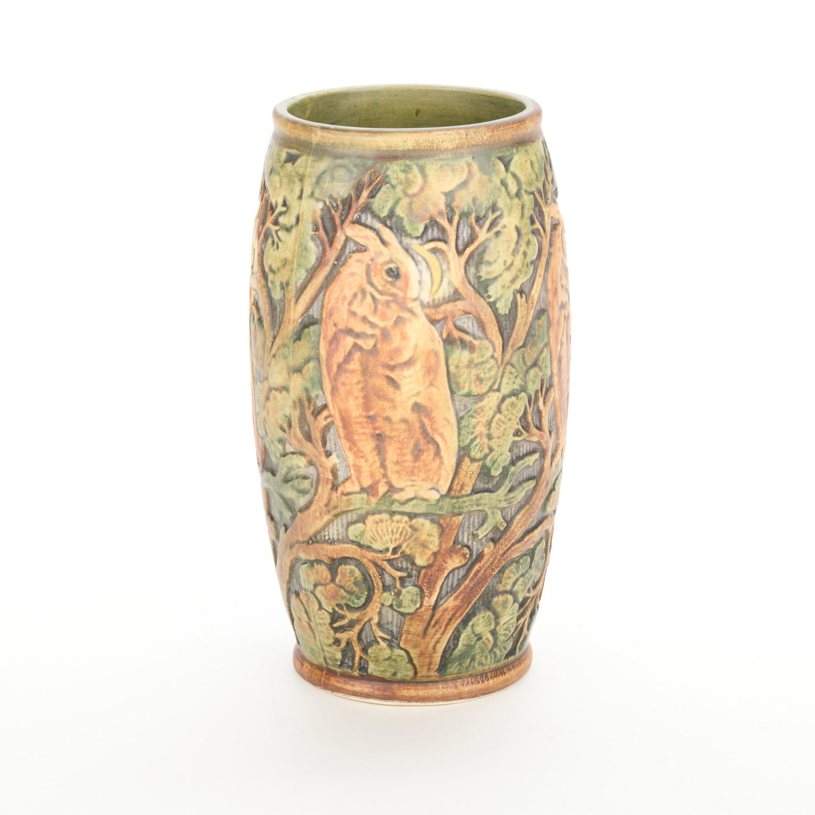 Weller Art Pottery Matte "Selma" Vase ca. 1910: Weller Pottery, Zanesville, Ohio. Art Pottery "Selma" pattern, shape no. 411 vase, ca. 1910. Depicting a lively assemblage of squirrels, birds, and owls perched on branches amid oak leaves. Earthenwar