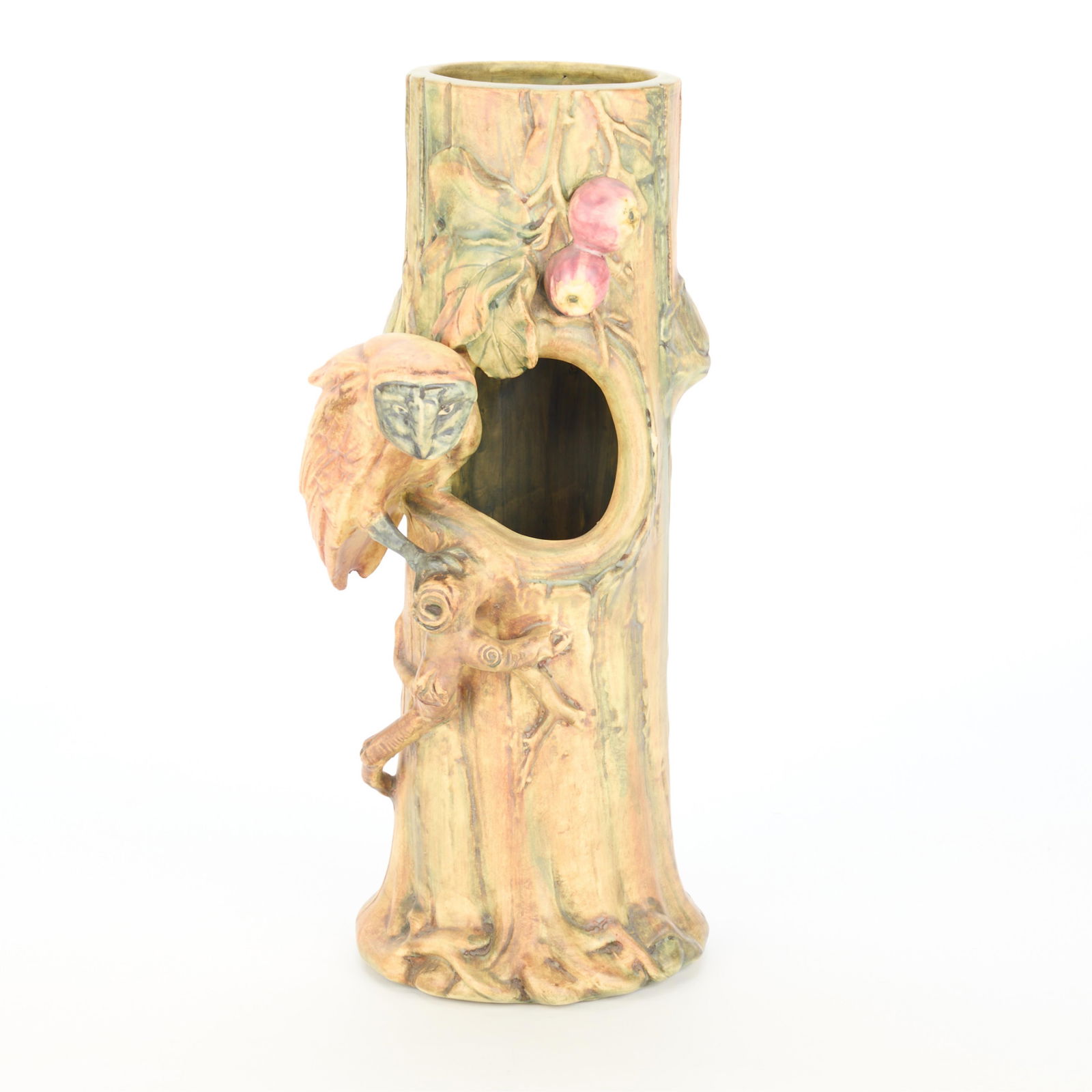 Weller "Woodcraft" Art Pottery Vase ca. 1920s: Weller Pottery, Zanesville, Ohio. Art Pottery "Woodcraft" pattern sculptural vase in the form of a tree, ca. 1920s. Depicting an owl perched on a branch beside a hollow in the tree trunk, a cluster of