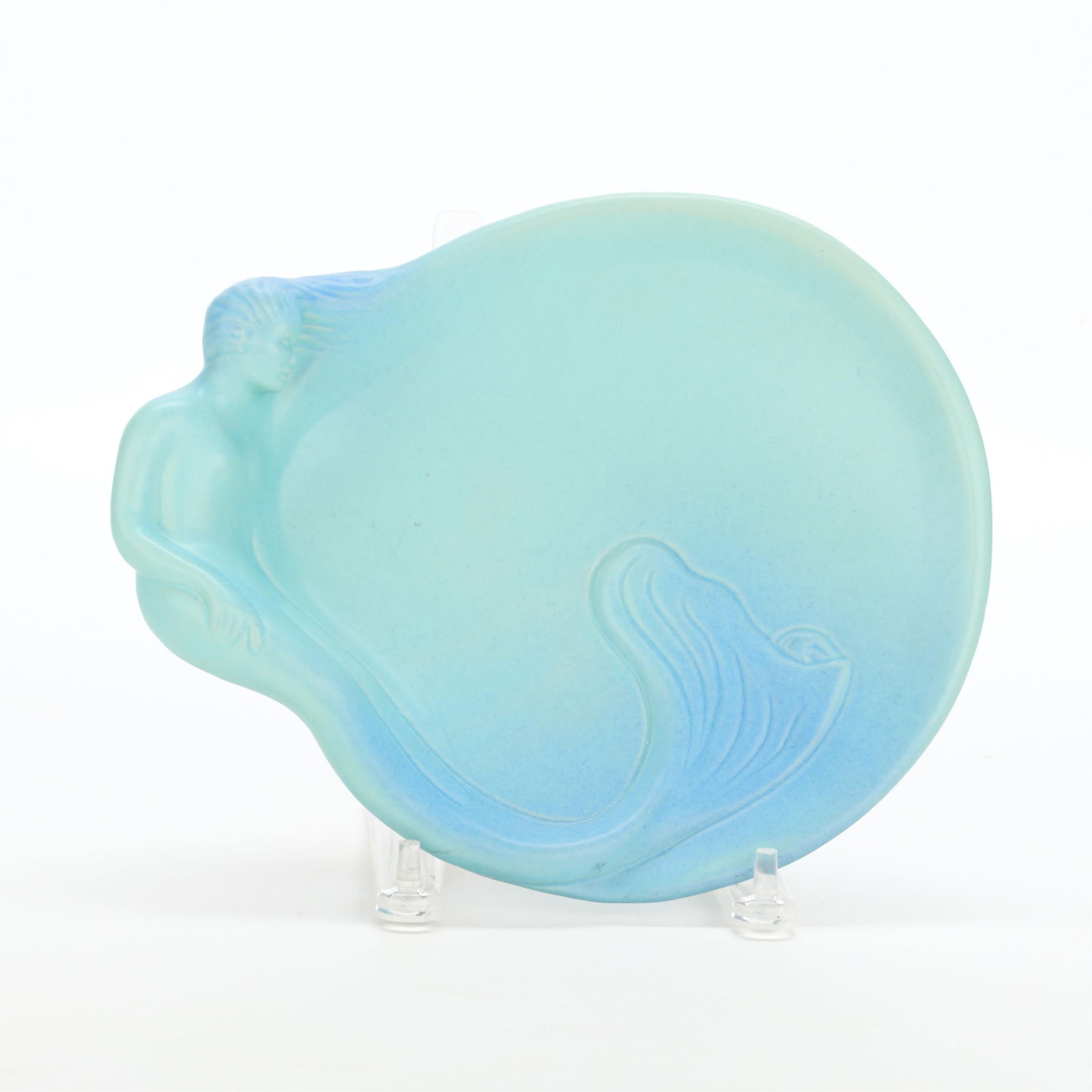 Van Briggle Pottery "Lorelei" Mermaid Platter Tray: Van Briggle Pottery, Colorado, United States. Art pottery ceramic "Lorelei" tray, platter, or plate depicting a molded recumbent mermaid figure. Executed in Van Briggle's "Ming Blue" glaze. Incised ma