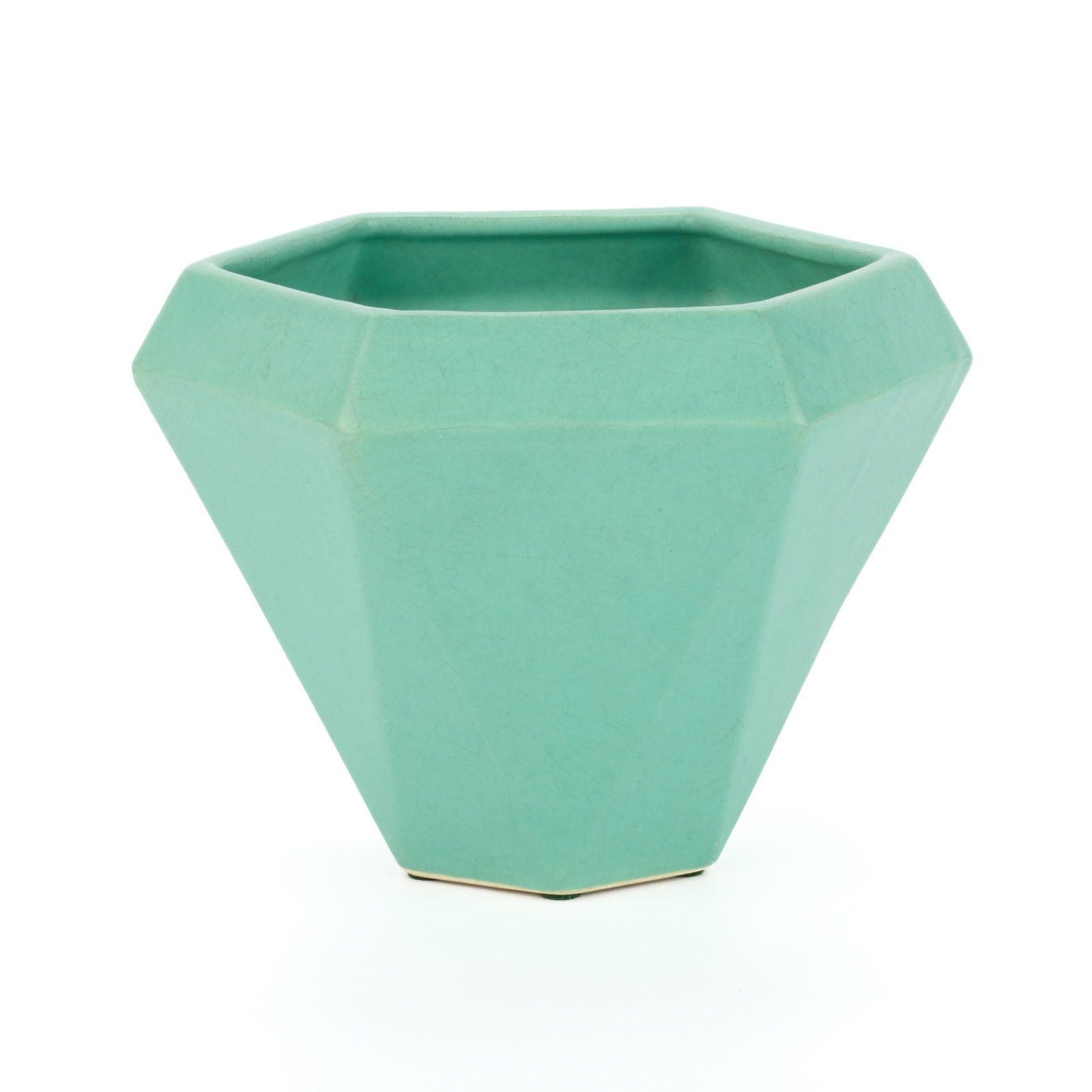 Attr. Muncie Art Pottery "Ruba Rombic" Style Vase: Attributed to Muncie Pottery, Indiana, United States. Art Deco "Ruba Rombic" style geometric vase with matte teal glaze, ca. 1920s-1930s.Height: 6 1/2 in x diameter: 6 3/4 in.