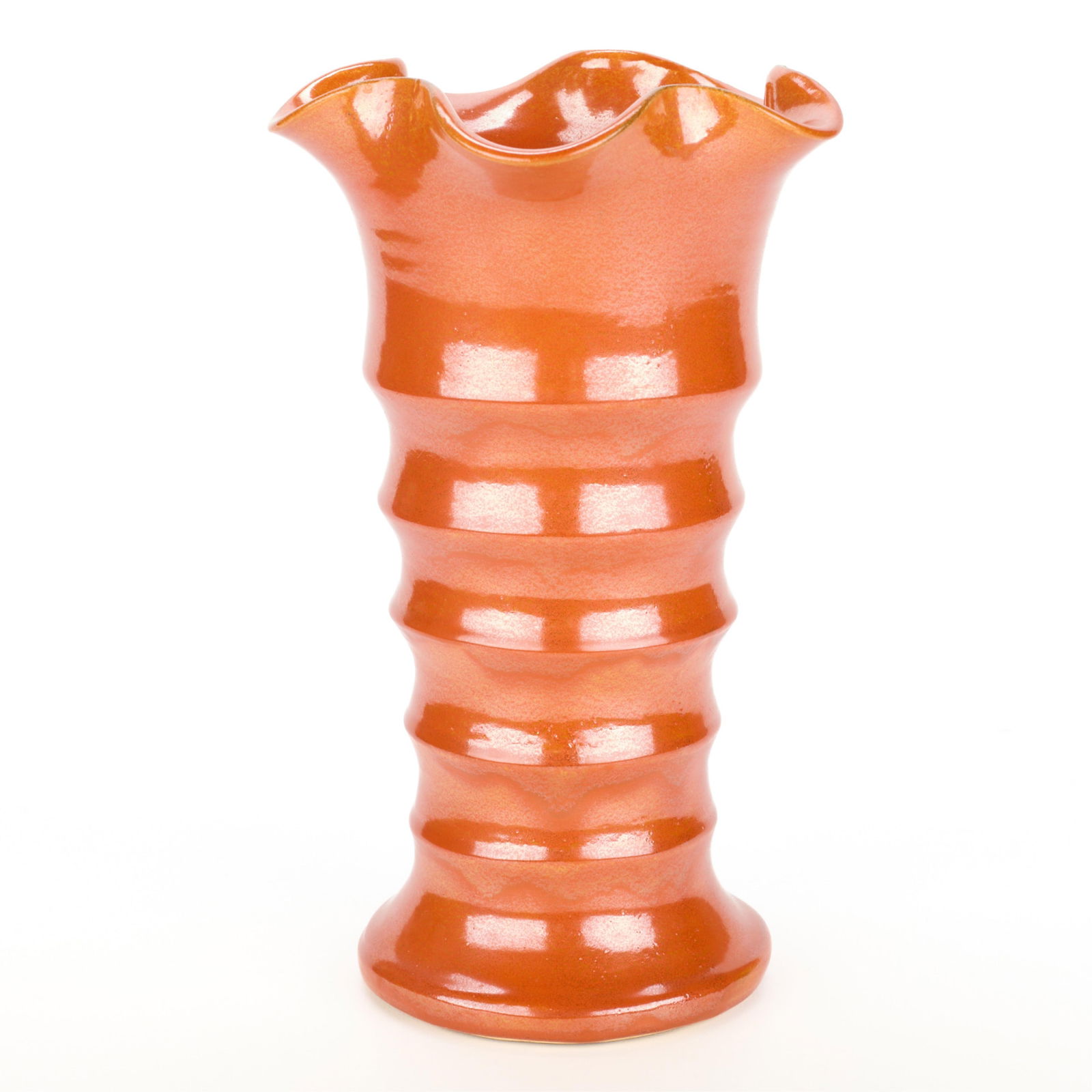 Attr. Matt Carlton for Bauer Pottery Ruffled Vase: Attributed to Matt Carlton (American, 20th century) for Bauer Pottery, California. Art pottery ceramic "Fire Orange" glazed vase with ruffled rim and ribbed form, ca. 1920-1946.Height: 10 in x diamete