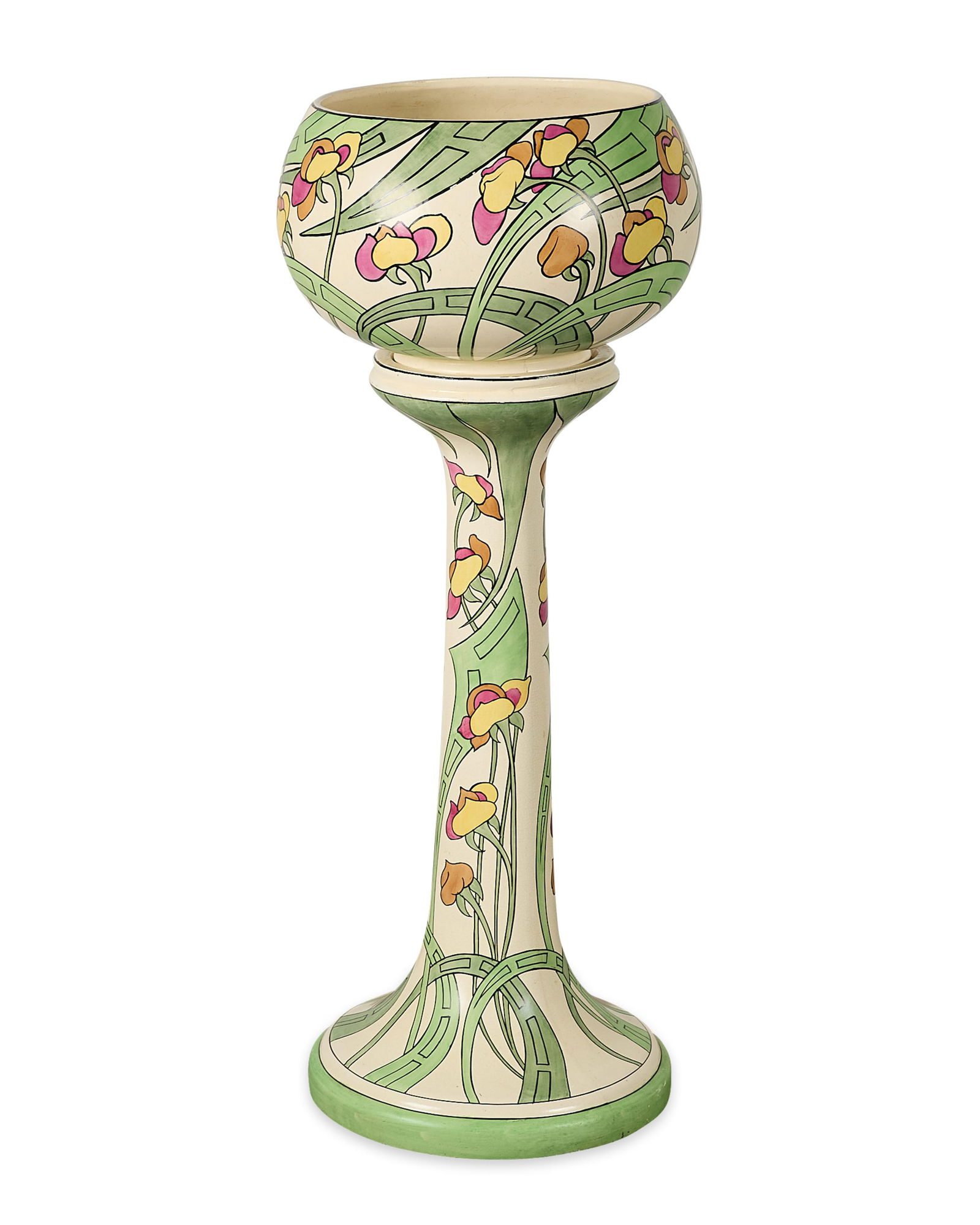 Roseville Pottery "Persian" Jardiniere & Pedestal: Roseville Pottery Company, United States. Art pottery glazed earthenware "Persian" creamware jardiniere planter and pedestal, ca. 1916. Depicting Art Deco floral motifs against white ground, executed