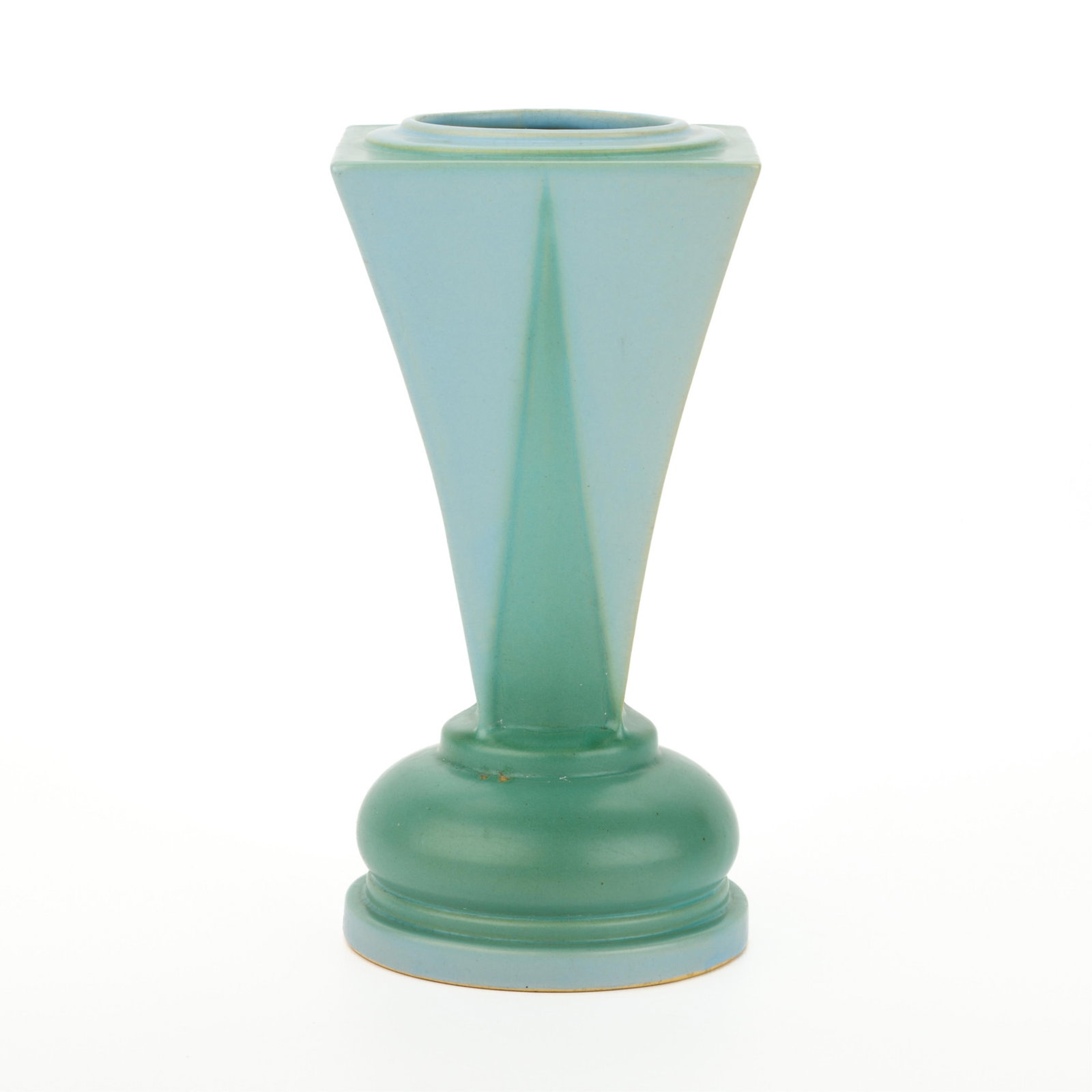 Roseville Art Pottery "Shooting Star" Futura Vase: Roseville Pottery, United States. Art Deco ceramic "Futura" line, "Shooting Star" model no. 392 vase, ca. 1930s. Of a flared geometric form, rising from a raised circular foot to a flared square neck.