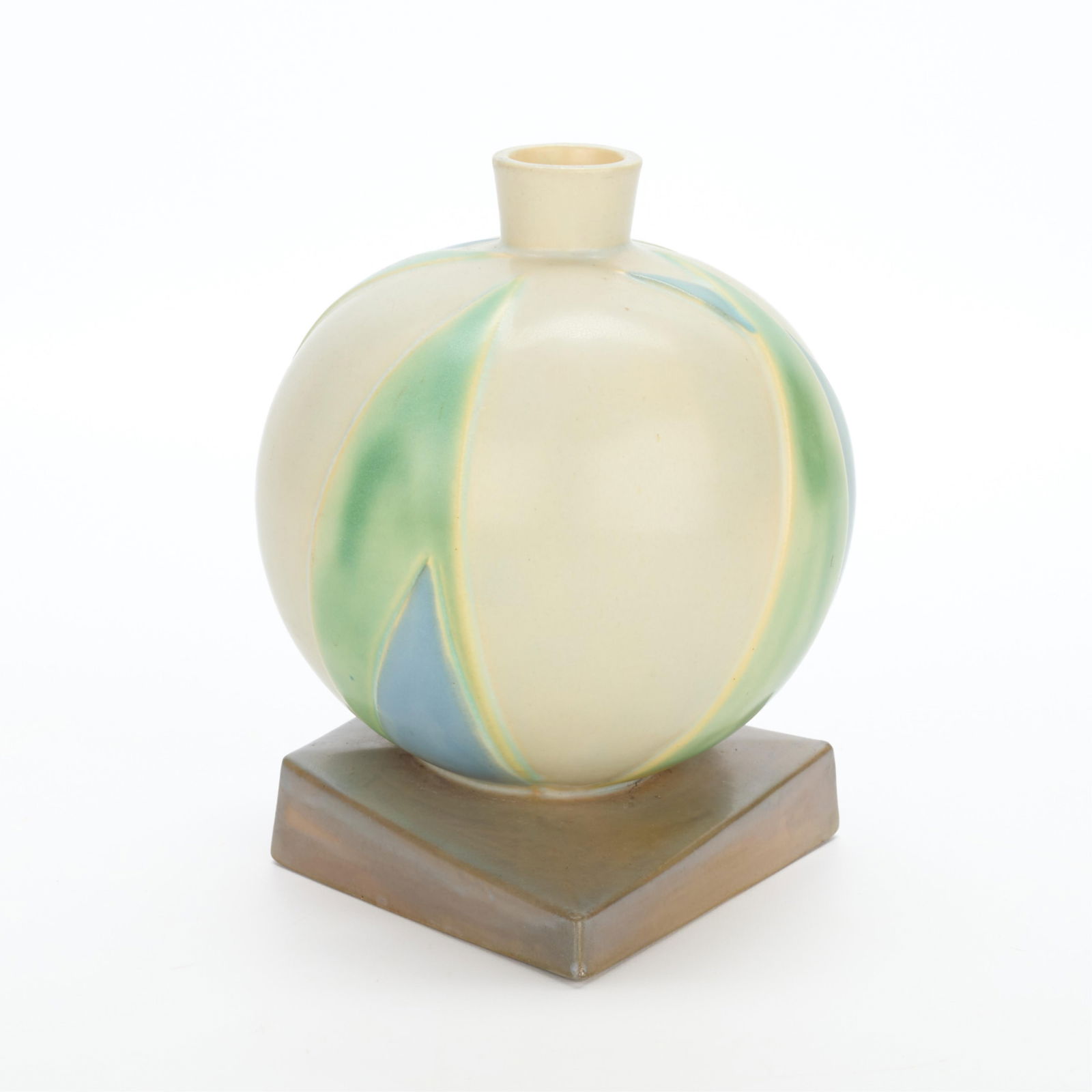 Roseville Pottery "Bamboo Lotus Leaf" Futura Vase: Roseville Pottery, United States. Art Deco ceramic "Futura" line, "Bamboo Lotus Leaf" shape vase, model no. 387-7, ca. 1930s. Of rounded, globular form atop a triangular base. Depicting foliate motifs