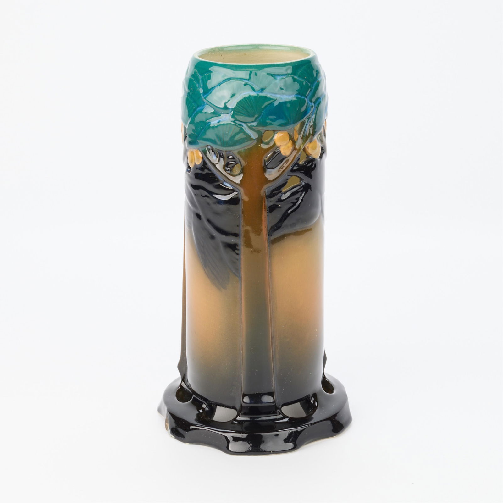 Rare Shirayamadani Rookwood Pottery Gingko Vase: Kataro Shirayamadani (Japanese, 1865-1948) for Rookwood Pottery, Cincinnati, Ohio. Art pottery buttress-form vase, model no. 952C, 1905. Earthenware with glossy "Black Iris" glaze. The architectural f