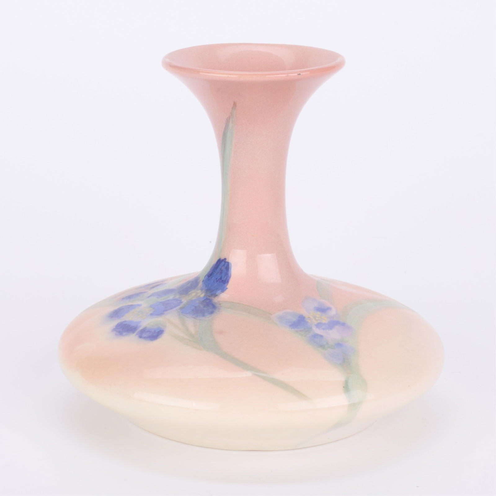Constance Baker for Rookwood Pottery No. 715 Vase: Constance Baker (American, 1860-1932) for Rookwood Pottery, Cincinnati, Ohio. Art pottery ceramic vase in design style no. "715", size "DD," depicting blooming irises against a pale pink ground along