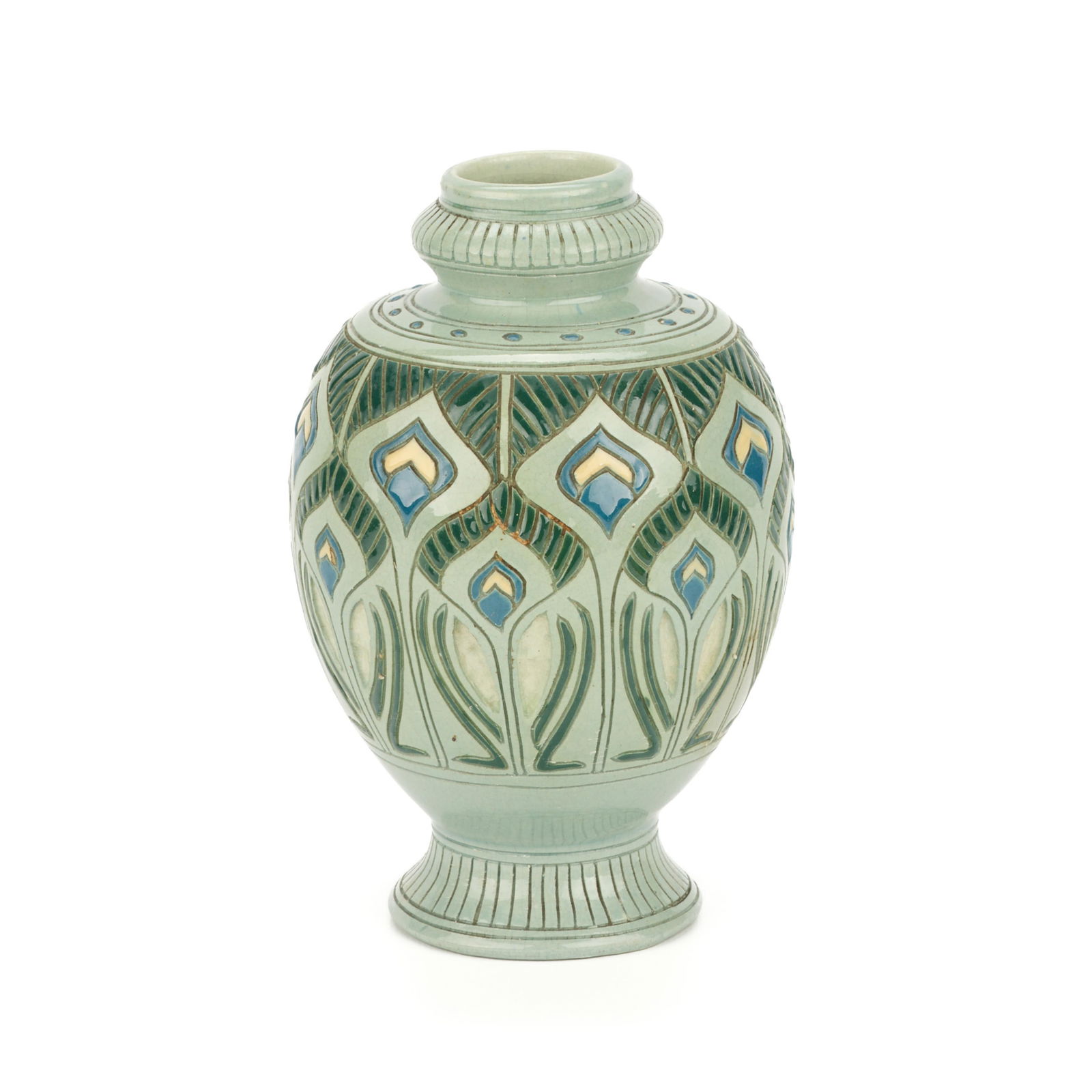 Roseville Art Pottery "Della Robbia" Peacock Vase: Roseville Pottery, United States. Art pottery ceramic "Della Robbia" vase, ca. 1927 and 1935. Of rounded, baluster form. Depicting incised peacock feather motifs. With paper label along the underside