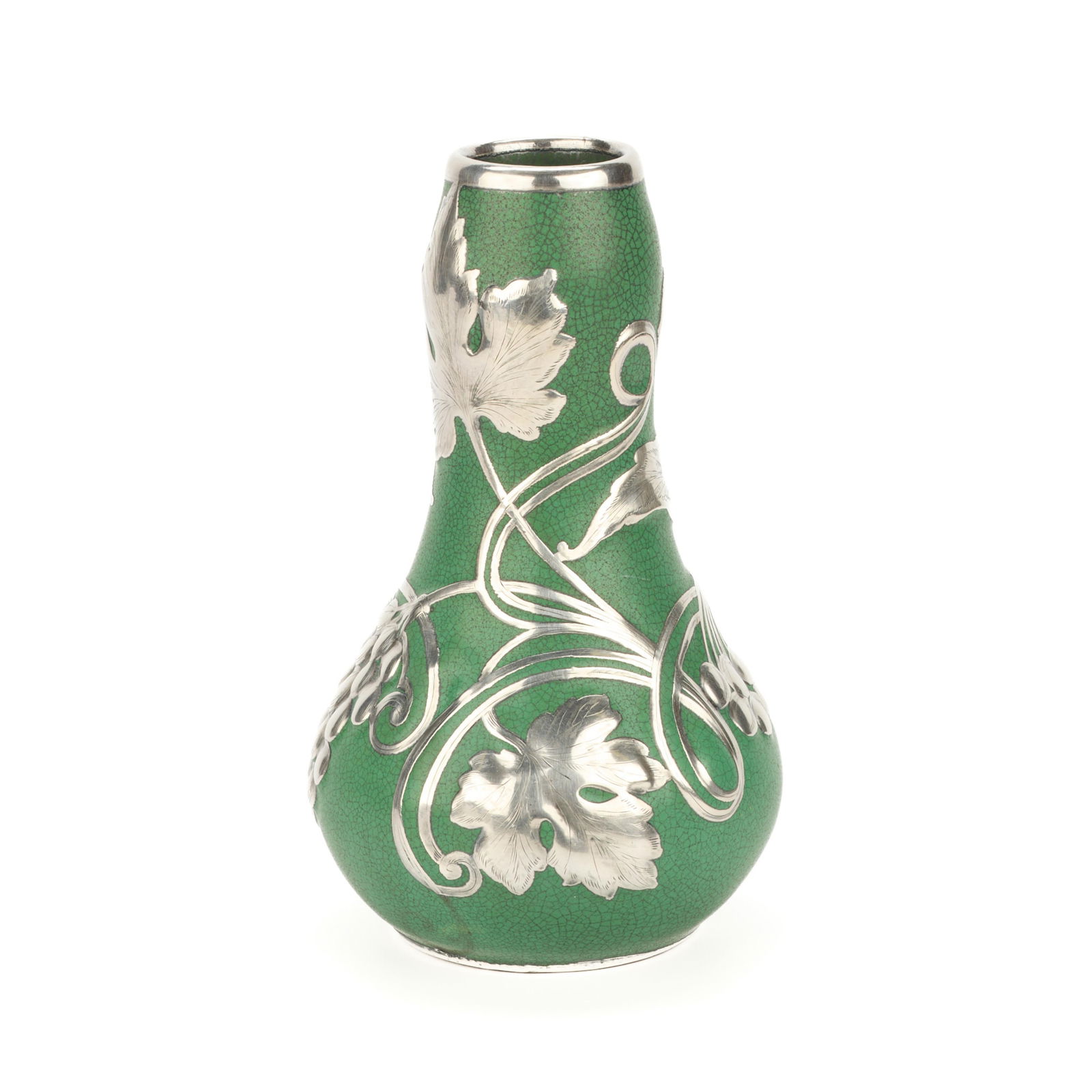 Rare Roseville Pottery C22 "Chloron" Overlaid Vase: Roseville Pottery, United States. Art Nouveau ceramic "Chloron" line, "C22" shape vase with sterling silver overlay, ca. 1905. Of gourd form, featuring a long a slender neck atop a globular triangular