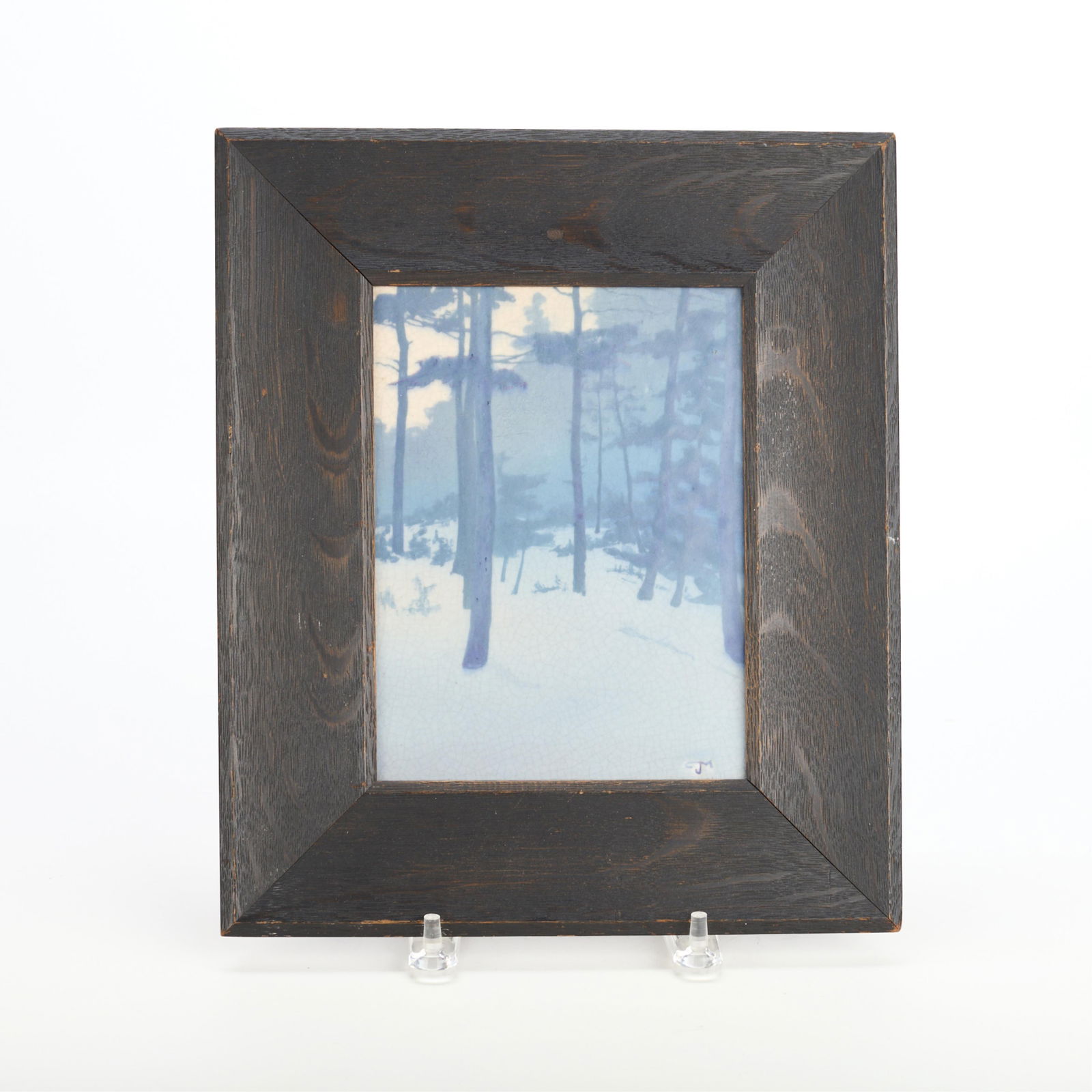 C.J. McLaughlin for Rookwood "Pine Woods" Tile: Charles Jasper McLaughlin (American, 1888-1964) for Rookwood Pottery, Cincinnati, Ohio. Art pottery vellum glazed earthenware pictorial tile or plaque titled "In the Pine Woods," 1915. Depicting a spa